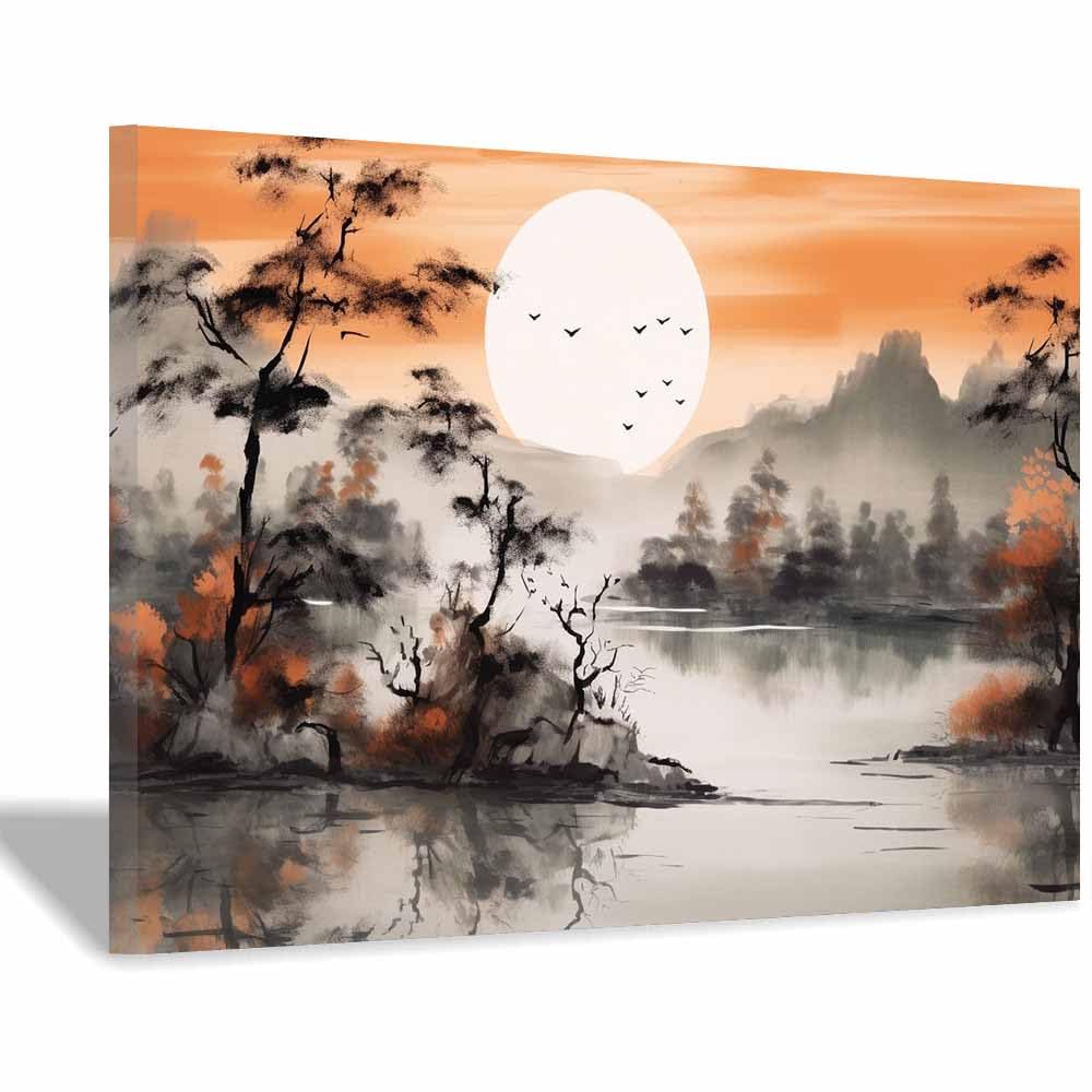 TERUEA Lienzos Decoracion Pared Salon Pincelada Tinta Naranja Montaña Luna Asiática, arte pared para baño, sala estar, dormitorio, moderno, yoga,decoración de（Naranja-80x120cm Enmarcado
