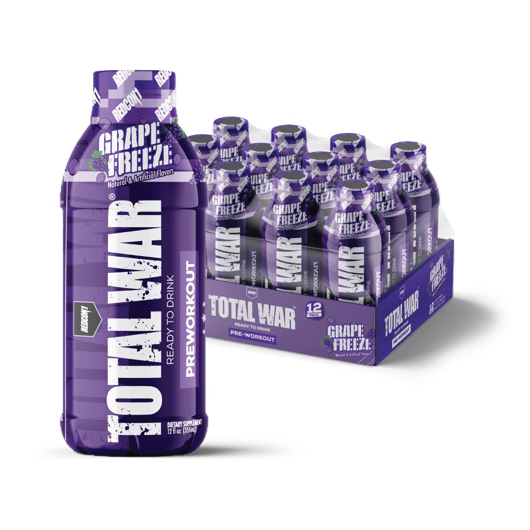 REDCON1 Total War Ready to Drink Pre Workout - Endurance Boosting, Keto Friendly RTD Formula - Amino Acid + Citrulline Malate Pre Workout Drink for Men & Women (Grape, 12 Servings)