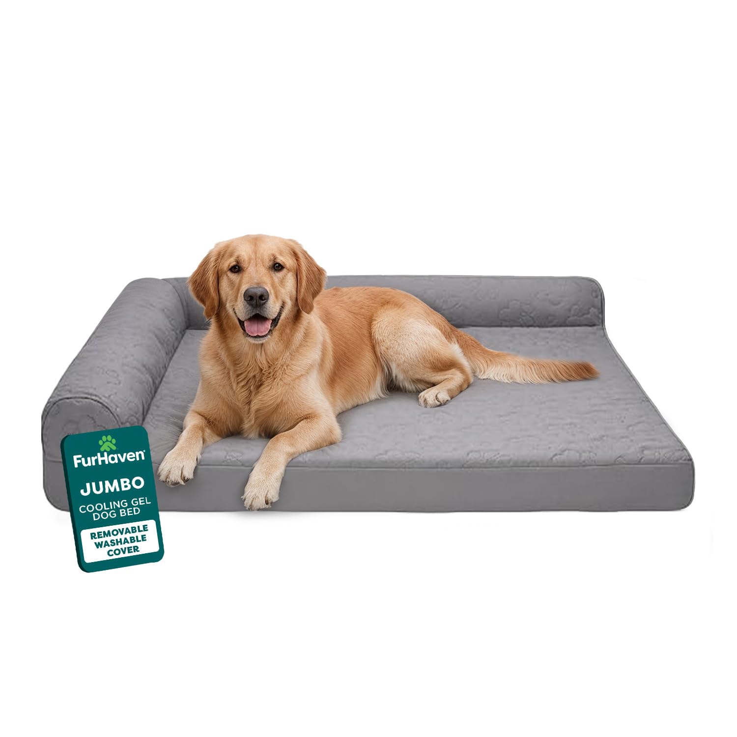 FurHaven Cooling Gel Dog Bed for Large Dogs w/Removable Bolsters & Washable Cover, For Dogs Up to 95 lbs - Pinsonic Quilted Paw L Shaped Chaise - Titanium, Jumbo/XL โ image 1
