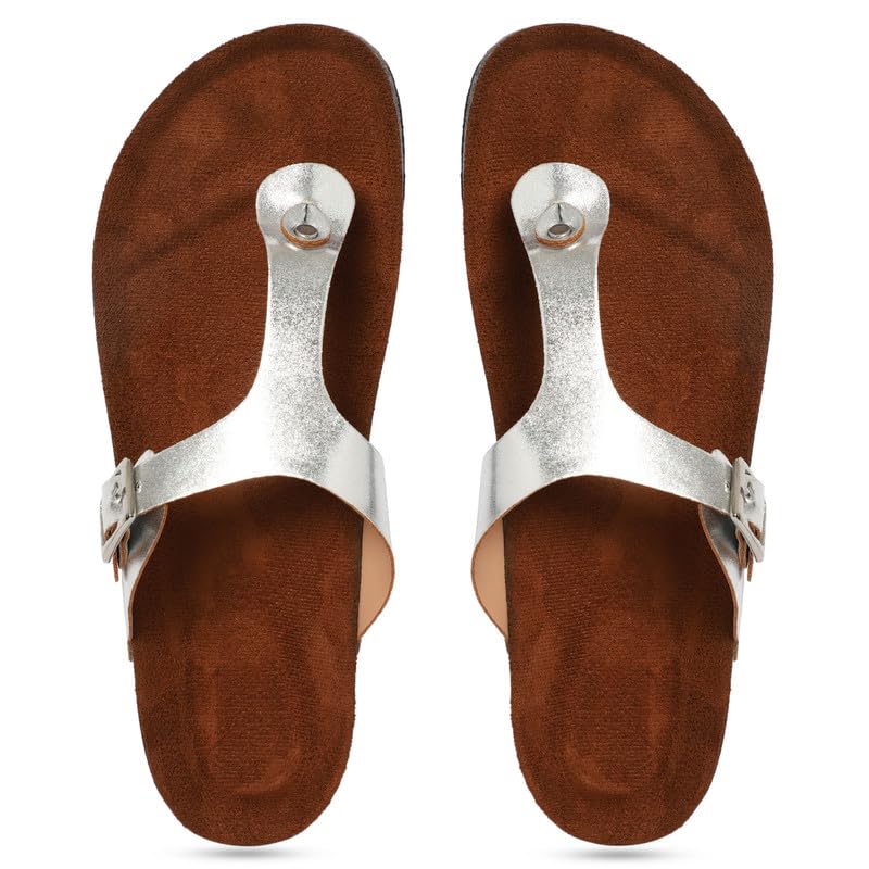 MOZAFIA Compass Silver Solid Synthetic Leather Comfortable Stylish with Open Toe Casual Flat Sandals Sandal & Flip Flops for Women (B0CQCYH7V8) Amazon Price History, Amazon Price Tracker