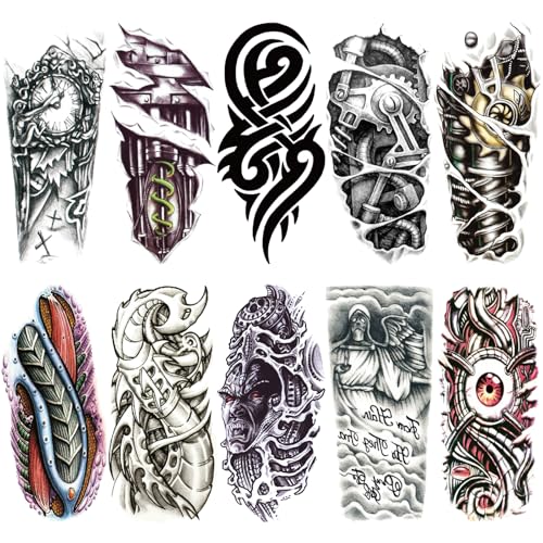 Mechanical Steampunk Temporary Tattoos for Men Half Arm Sleeve, Realistic Large Black Red Tribal Clock Fake Tattoo Sticker Adult Boy Forearm, 3D Gear Devil Eye Temp Tatoo Shoulder Body Art, 10-Sheet