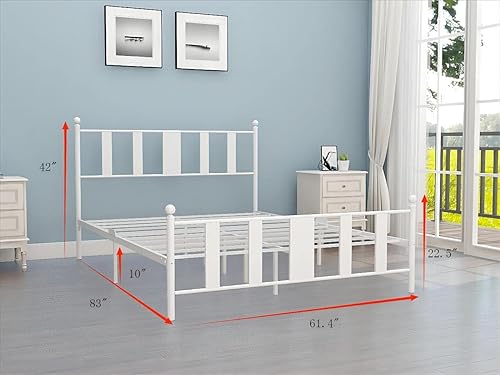 Miniatura 12 de Base de cama de metal tamaño Queen con cabecero y estribo de estilo vintage victoriano, base de cama no necesita somier, cama de plataforma con 10
