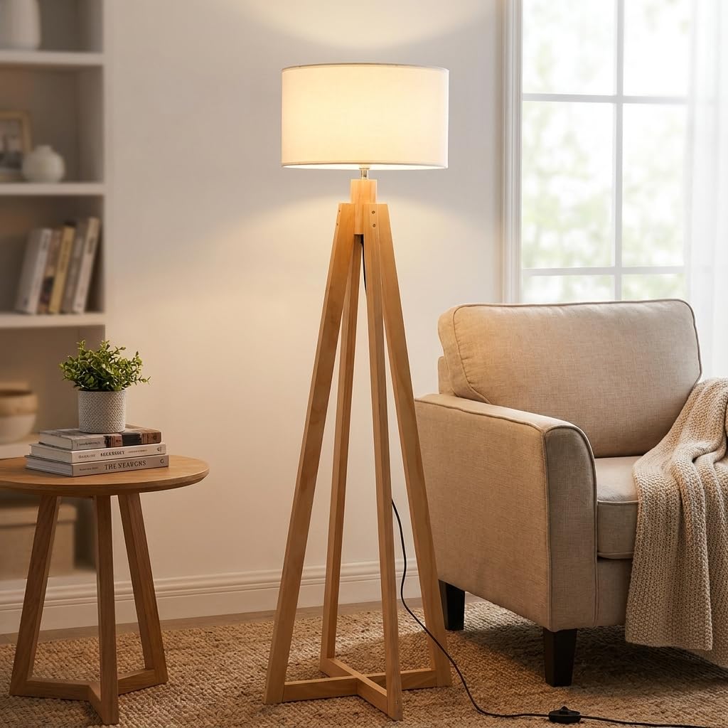 Alpinaluz Lámpara de Pie de Madera Natural con Pantalla Textil Blanca Ø43 cm, Casquillo E27, 149 cm, Estilo Nórdico y Escandinavo para Salón, Dormitorio, Comedor u Oficina