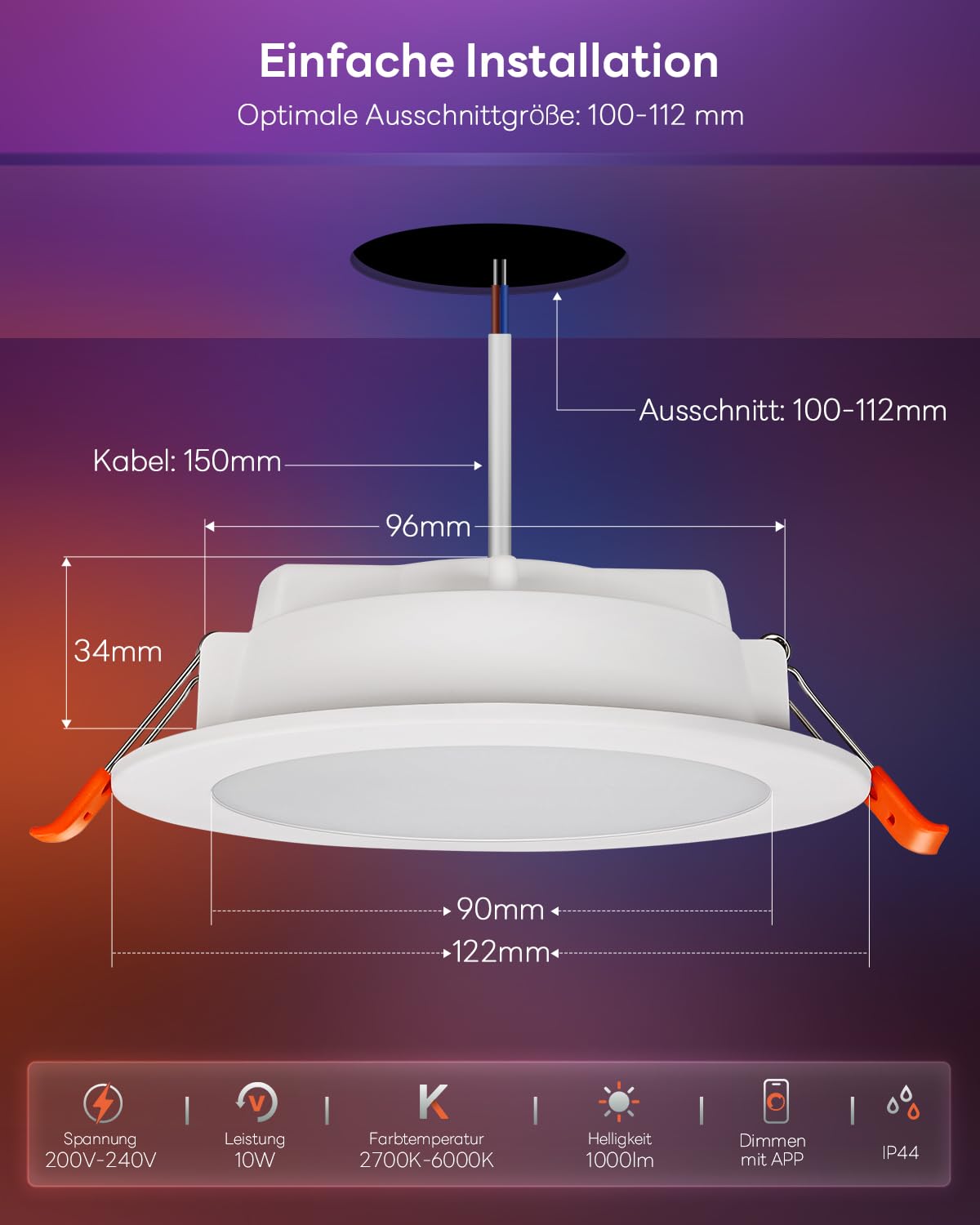 LED Einbaustrahler 230V RGB Alexa, 10W Smart LED Spots Bluetooth 2700K-6000K, Einbauspots Flach Dimmbar Farbig, IP44 Einbauleuchten APP Steuerung, Farben Spots Deckenspots 6 stück