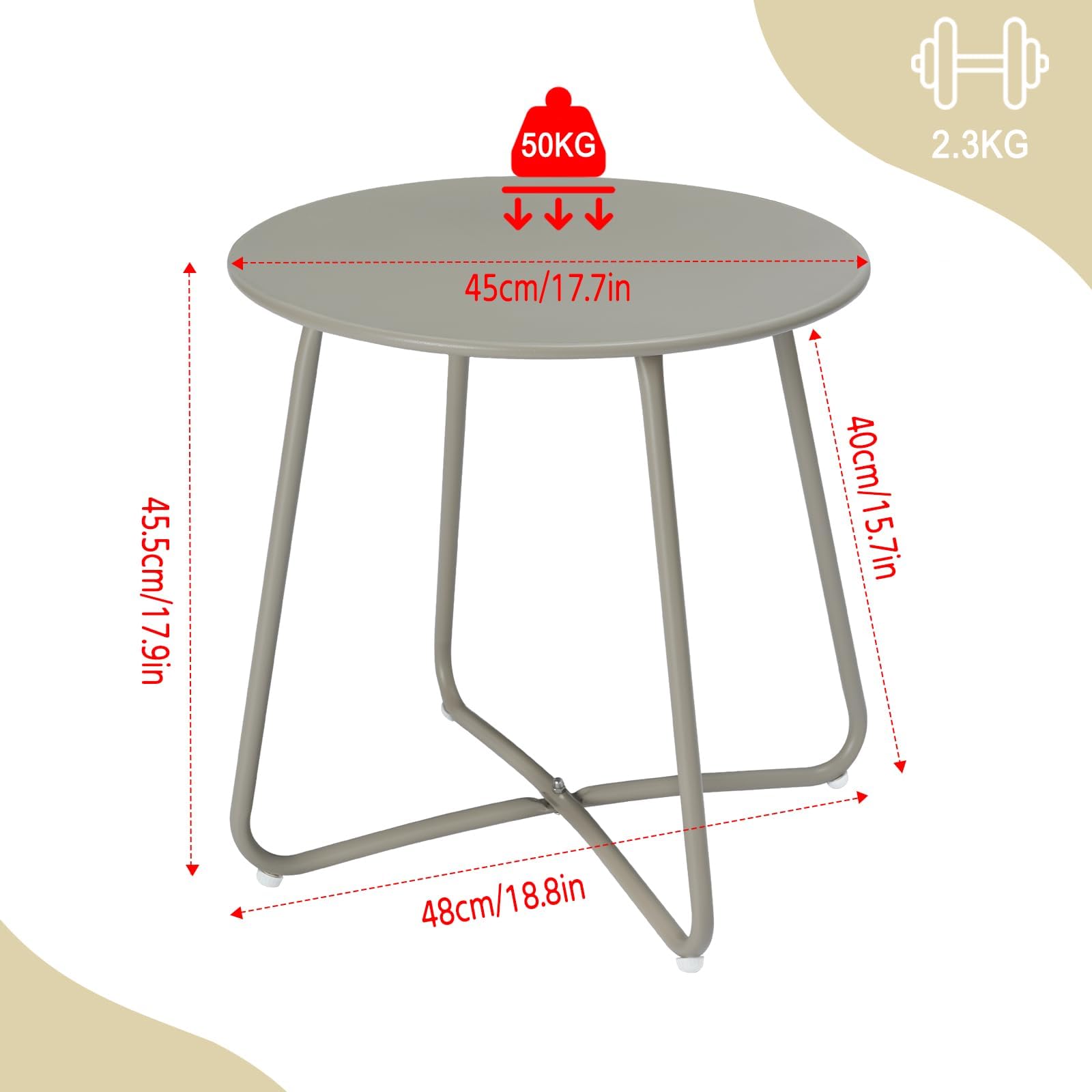 eSituro Beistelltisch rund, Balkontisch Gartentisch, Kaffeetisch Couchtisch Sofatisch Wohnzimmertisch, Kleiner Tisch für Wohnzimmer Balkon Terrasse Garten, aus Metall, φ45xH45 cm, Grau