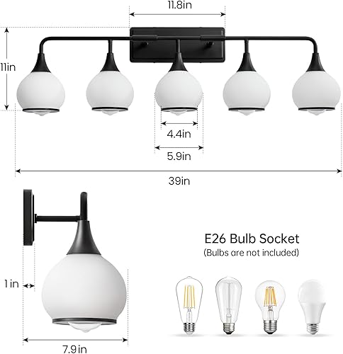 Miniatura 2 de Lámparas de baño negras de 5 luces con pantalla de vidrio esmerilado blanco lechoso de 39.2 pulgadas, aplique de pared para baño (excluye bombilla