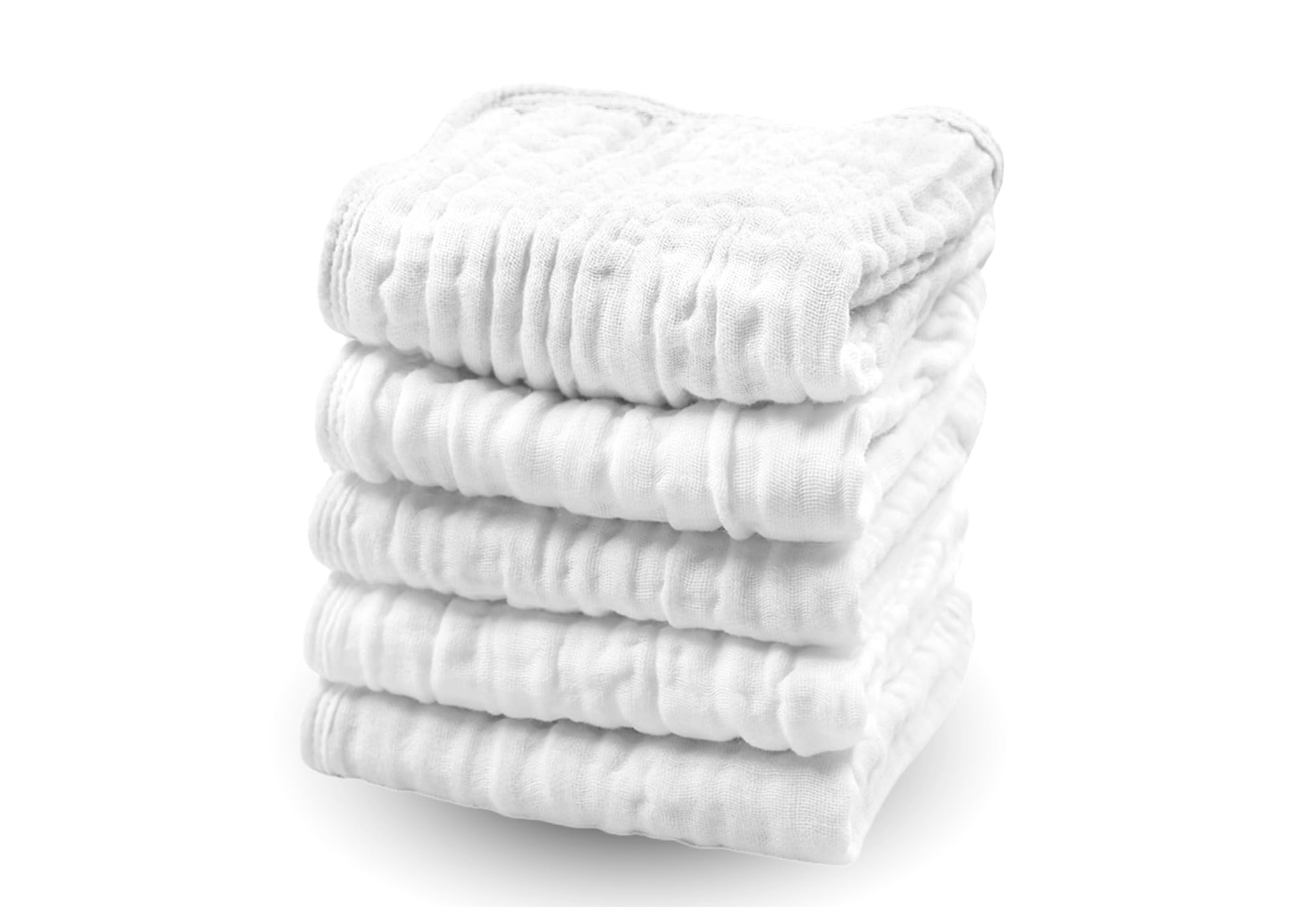 World Star Shop Set of 5 White Cotton Muslin Baby Burb Cloths, 20 inches x 10 inches, Washcloths, Unisex, for Boys, for Girls, Ultra-Soft 4 Fabric Layers for Comfort