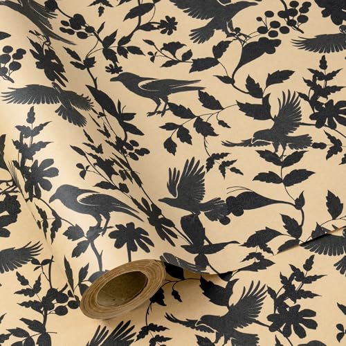 RUSPEPA Kraft Raven Wrapping Paper Roll Mini Roll Vintage Black Raven & Botanical Pattern Kraft Gift Wrap for Gothic Style Halloween Dark Aesthetic Lovers Art Gifts 17 Inches x 16.4 Feet