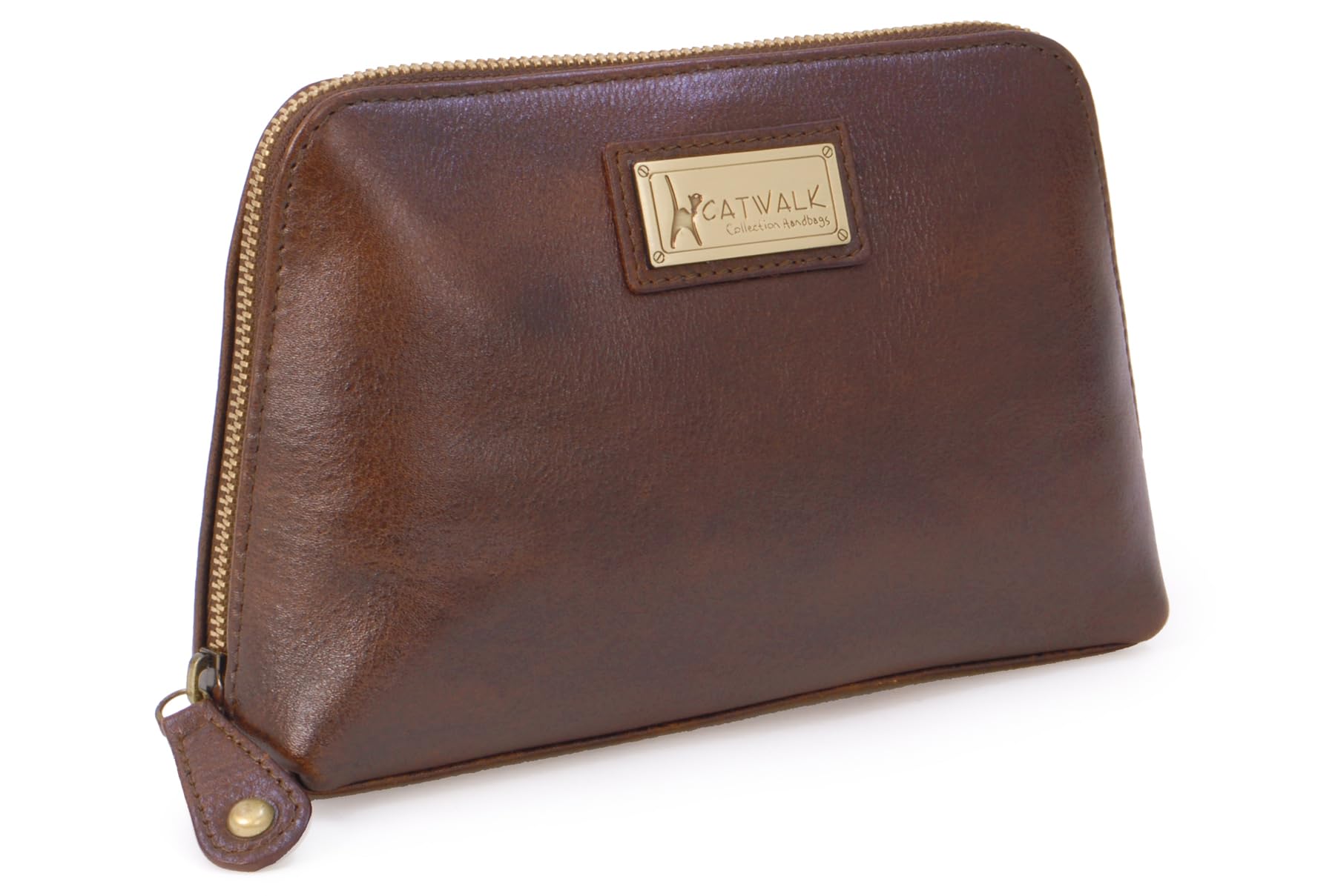 Catwalk Collection Handbags - Estuche de Maquillaje Mediano de Piel - Neceser de Viaje de Mujer - Bolso de Aseo - Caja de Regalo - Emma - Marrón