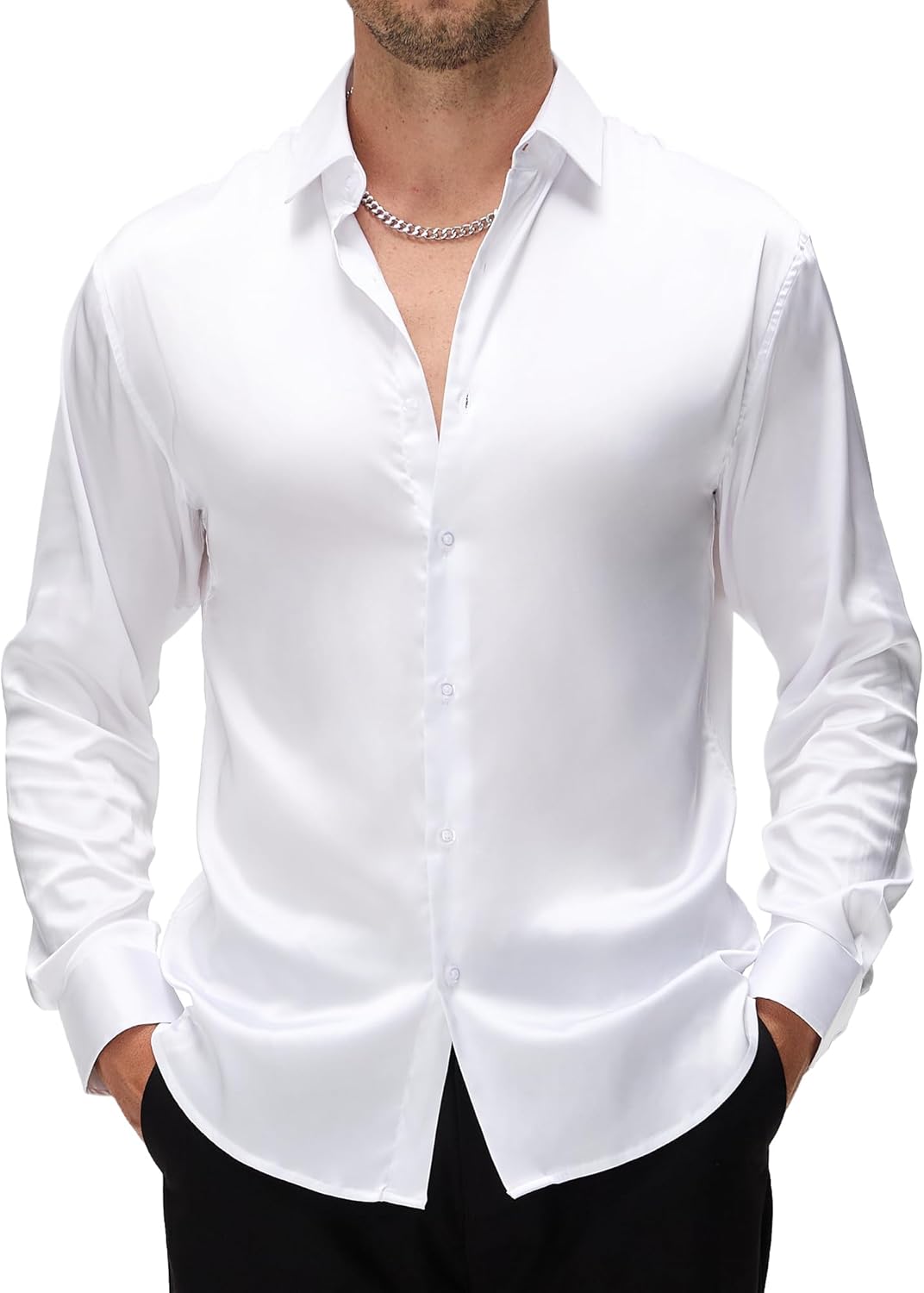 WARHORSEE Mens Silk Satin Dress Shirts Shiny Long Sleeve Button Down Shirt Party Prom Wedding Shirt