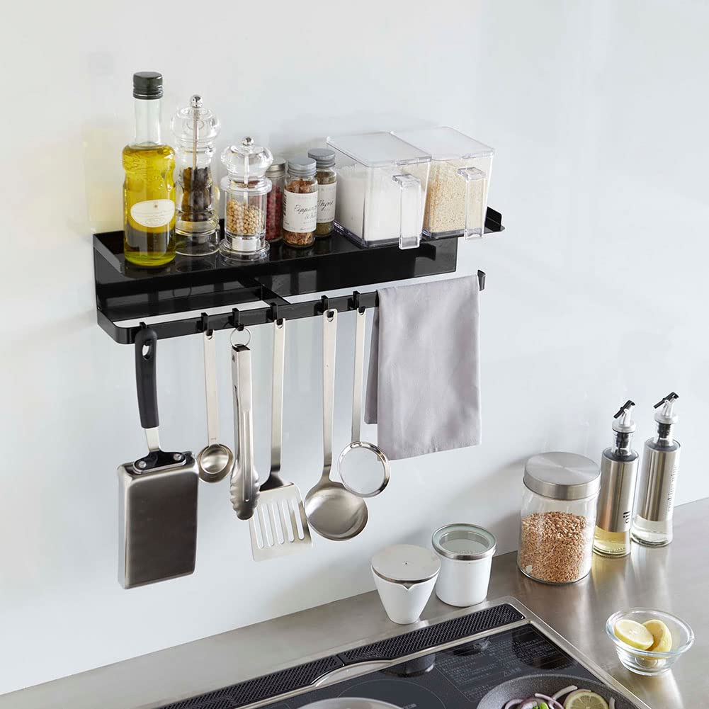 Yamazaki Industries 5691 Magnetic Wide Kitchen Tool Hook & Tray, Black, Approx. W 19.7 x D 4.5 x H 4.3 inches (50 x 11.5 x 11 cm), Tower, Kitchen Storage, Kitchen Paper Holder, Kitchen Tool Holder