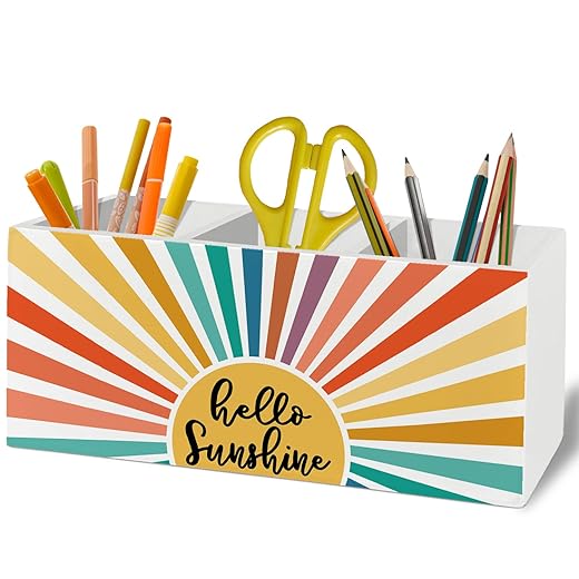 Sunshine Gifts, Hello Sunshine Boho Pen Pencil Holder Organizer for Desk Accessories, Boho Abstract Colorful Sun Sunshine Wooden Box Sign Desk Decor for Home Bedroom Office Classroom Decor