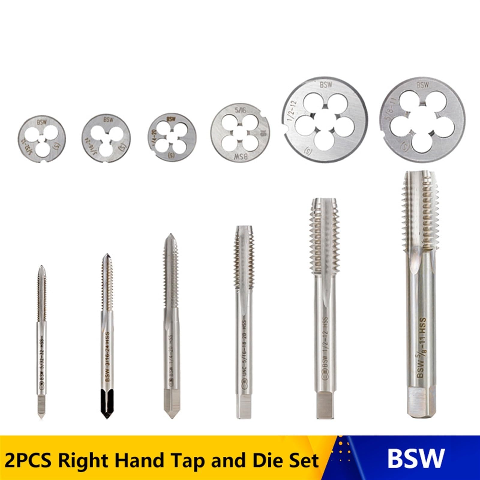 Juego de 2 machos y terrajas HSS de mano derecha para metal/madera (2 unidades BSW 5/32-32, 3/16-24, 1/4-20, 5/16-18, 1/2-12, 5/8-11) (5/32-32, 3/16-24, 1/4-20, 5/16-18, 1/2-12, 5/8-11) (2 unidades