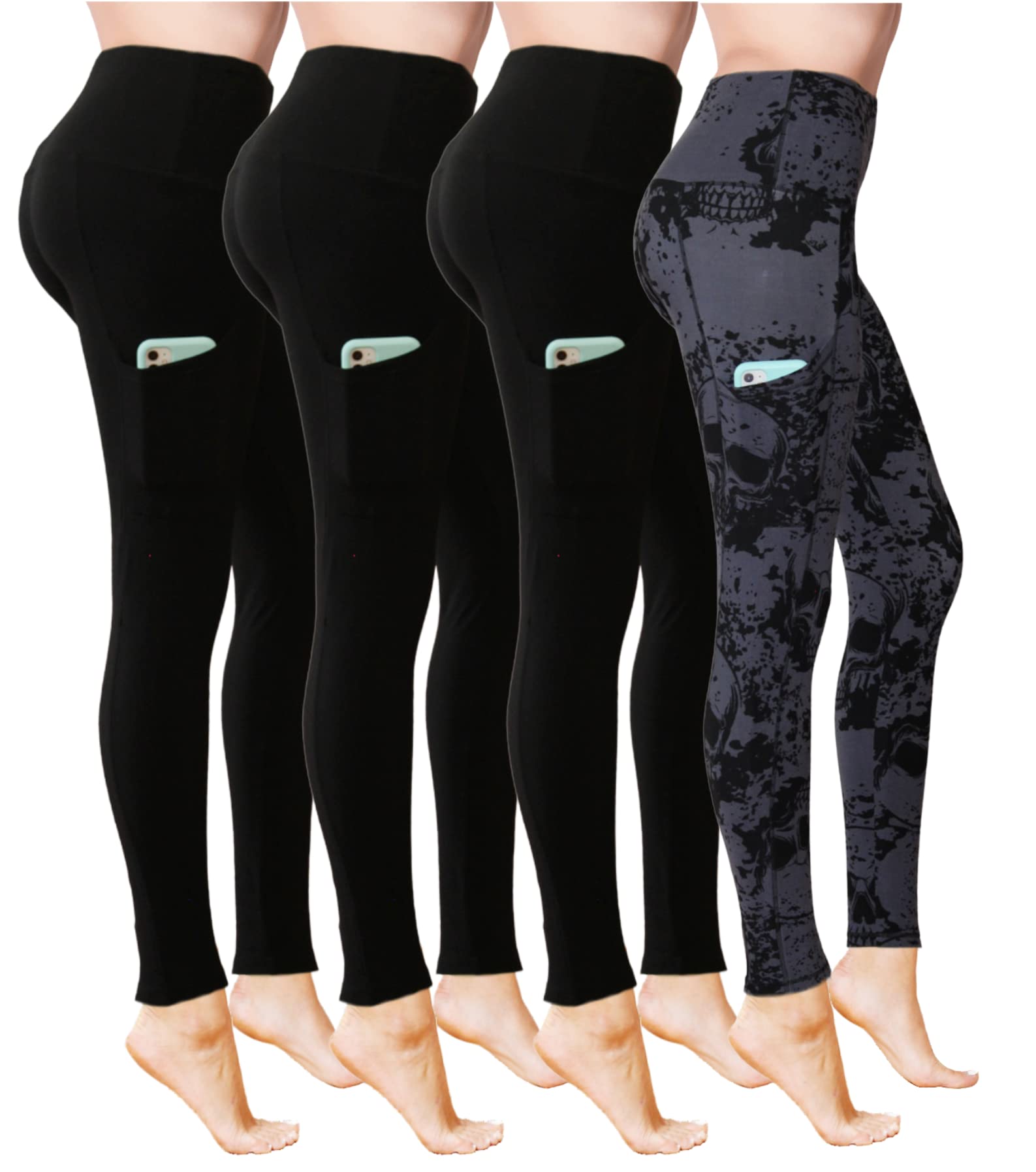 COMFY FOREVER Leggings with Pockets for Women, Workout Leggings for Women (3 Black & 1 Black Skulls, FXP)