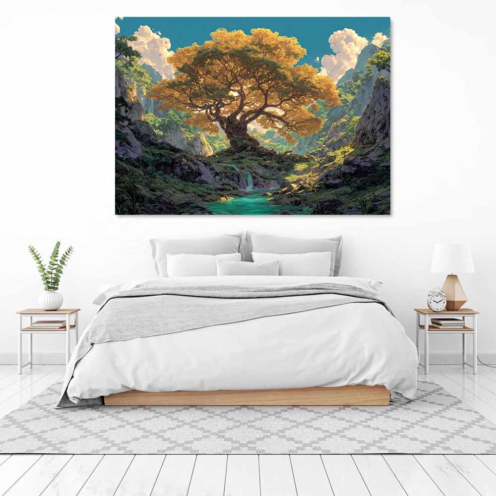 ZAMAEIU Drzewo życia na ścianie drzewo życia na klifie nowoczesny obraz na płótnie, do salonu, zagłówka, sypialni, kuchni, biura (żółty)-50 x 70 cm oprawiony
