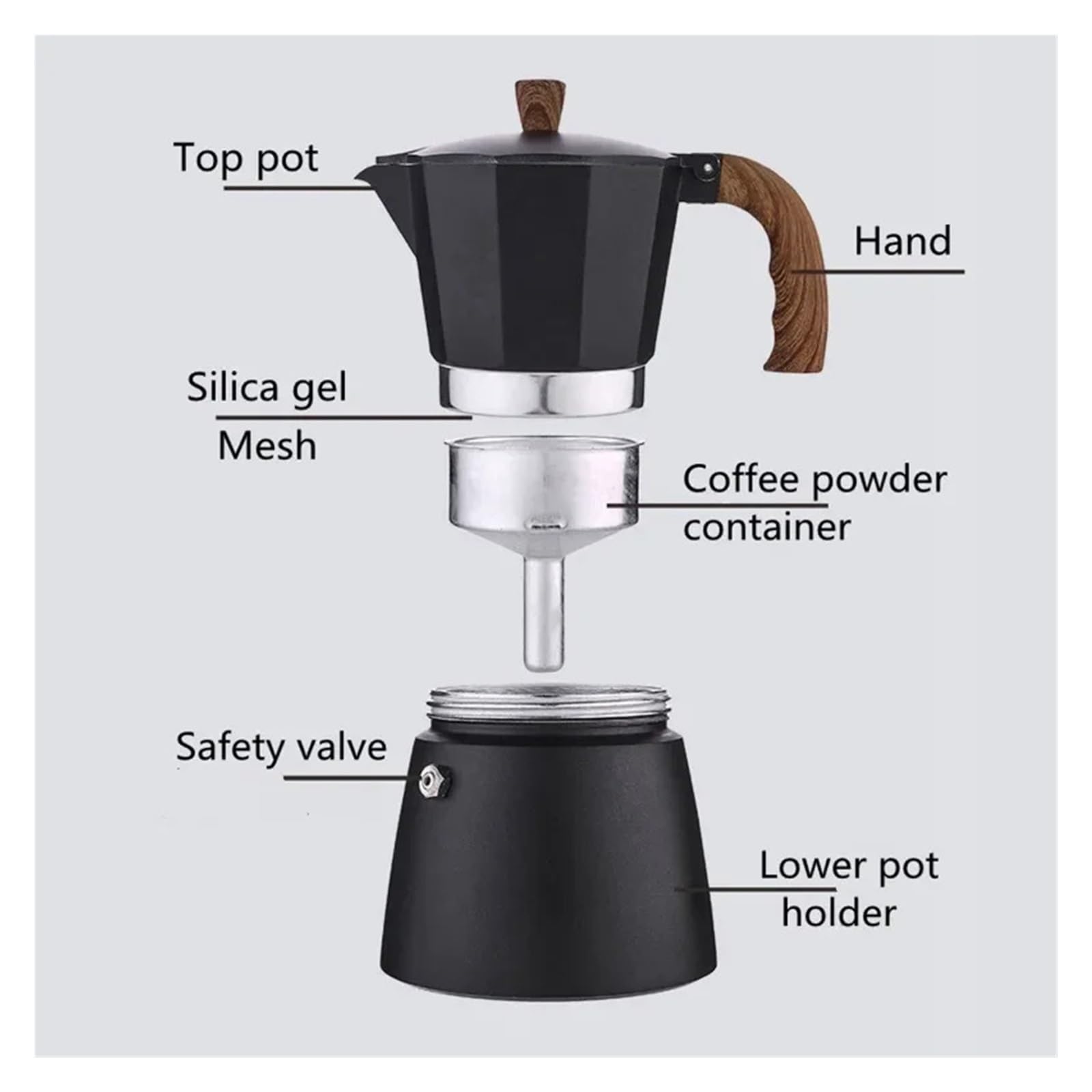 Generico Estrazione del caffè con moka nera manico in legno Bollitore portatile for la casa(3 cups)
