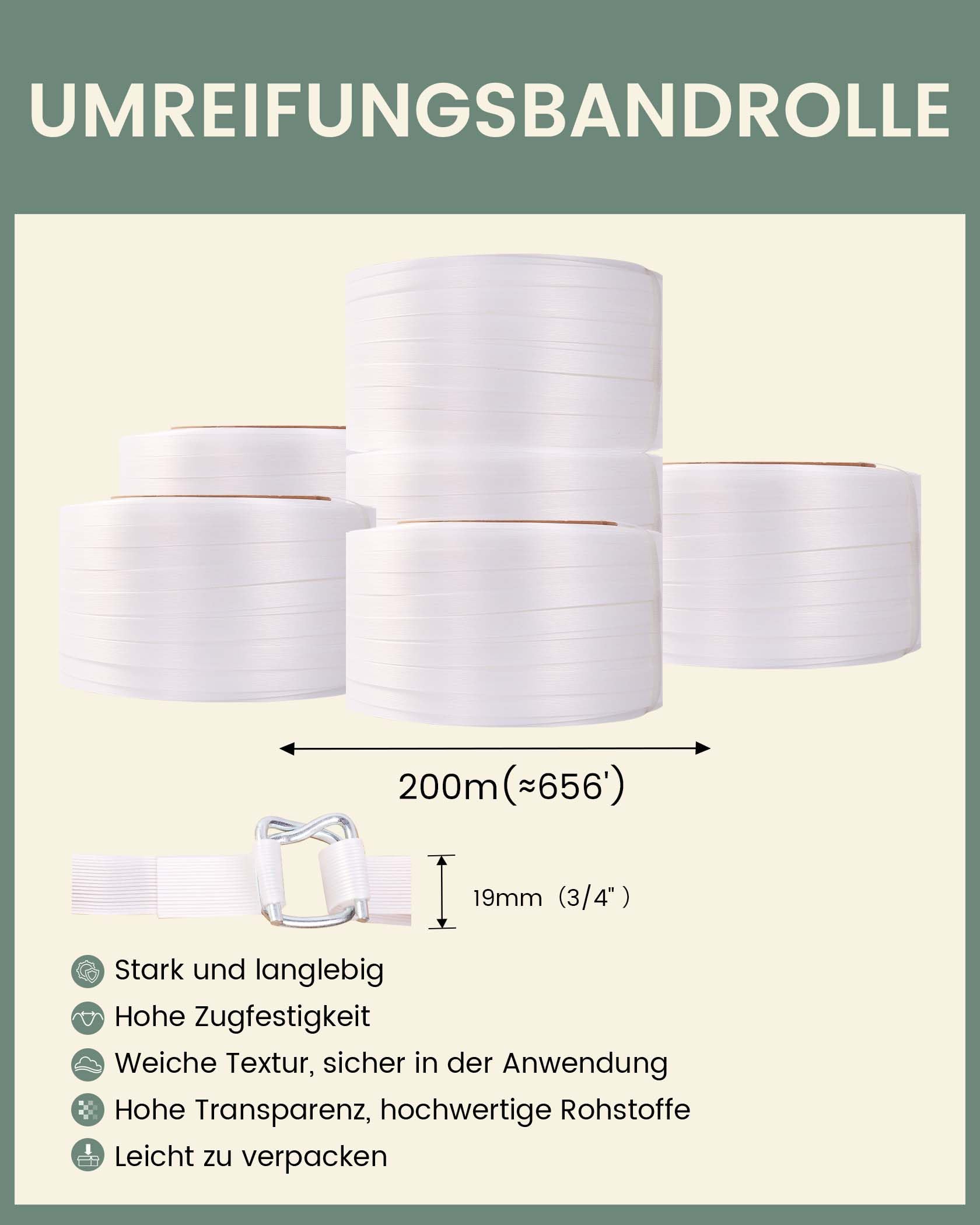 FoundGo Manuelles Umreifungsset 19 mm 200 m Hochfestes Polypropylen-Umreifungsband mit Fasern, Grasgrün
