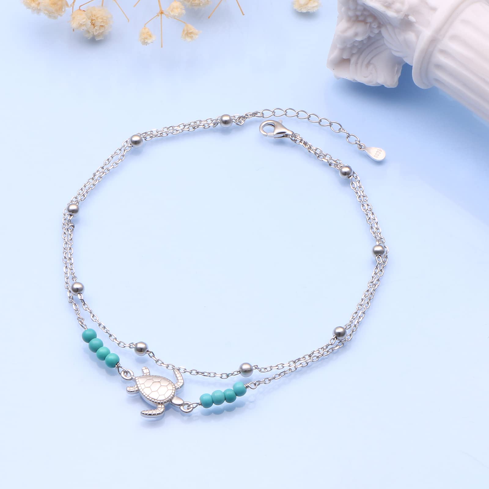Flyow S925 Sterling Silber Layered Fußkettchen für Frauen Meerjungfrau/Schildkröte/Mond Stern Einstellbare Fuß Fußkettchen Schmuck Geschenke für Frauen Mädchen