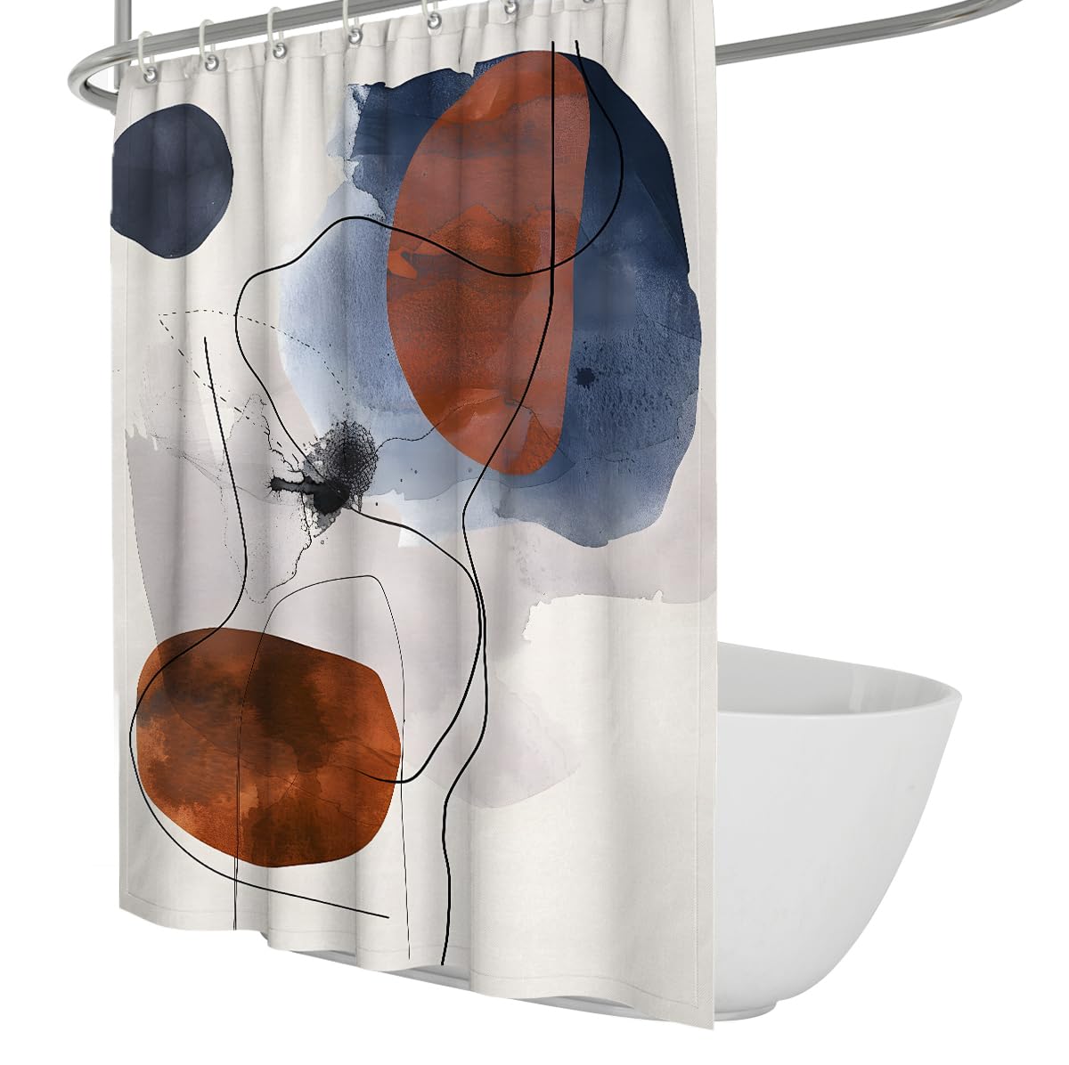 UIRINGART Aesthetic Shower Curtains W180xL200cm Abstract Curve Line Swirl Splatter Dot Navy Blue Terracotta Shape Print Mildew Mould Resistant Polyester Fabric Bathroom Decor