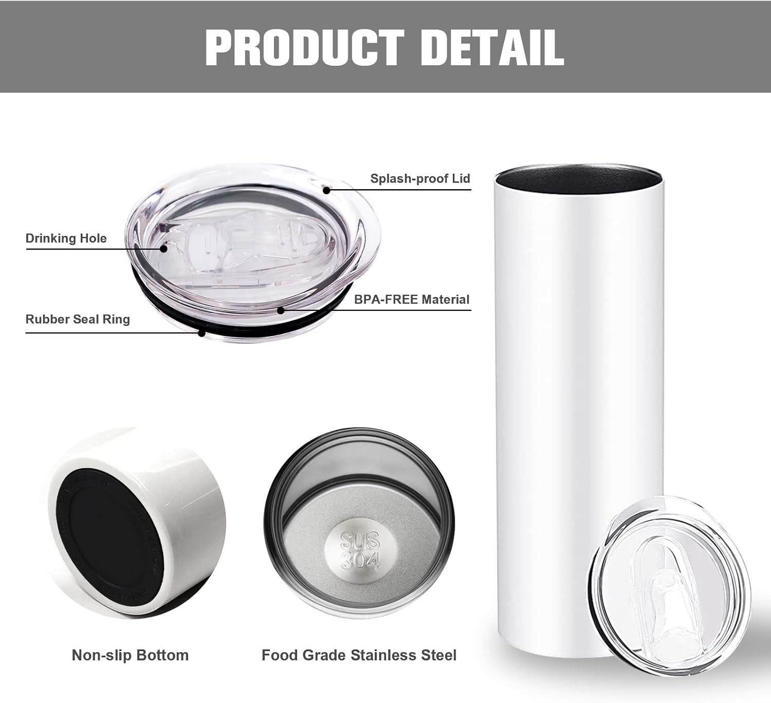 BetterSub 20 oz Sublimation Tumblers, 6 Pack Skinny Straight Stainless Steel Blanks with Lids & Straws, Double Wall Insulated White Cups, Includes Brush and Display Box - Image 4