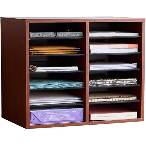 Safco Literature Organizer, 12 Compartments, Office and Classroom Mailbox with Adjustable Shelves, Wood Paper and Mail Sorter, Cherry
