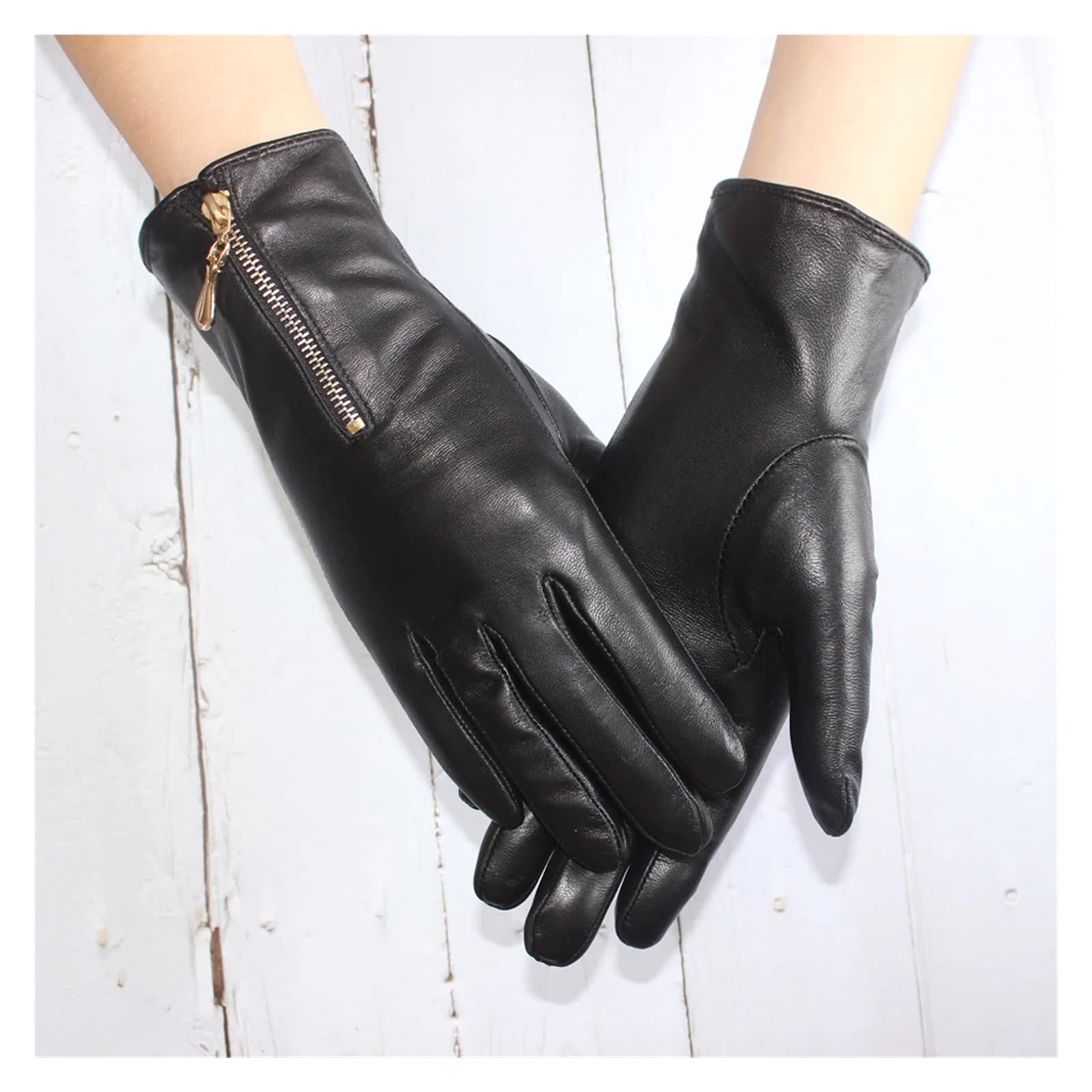Guantes de mujer con pantalla táctil y cremallera forrada de cuero para frío exterior 7