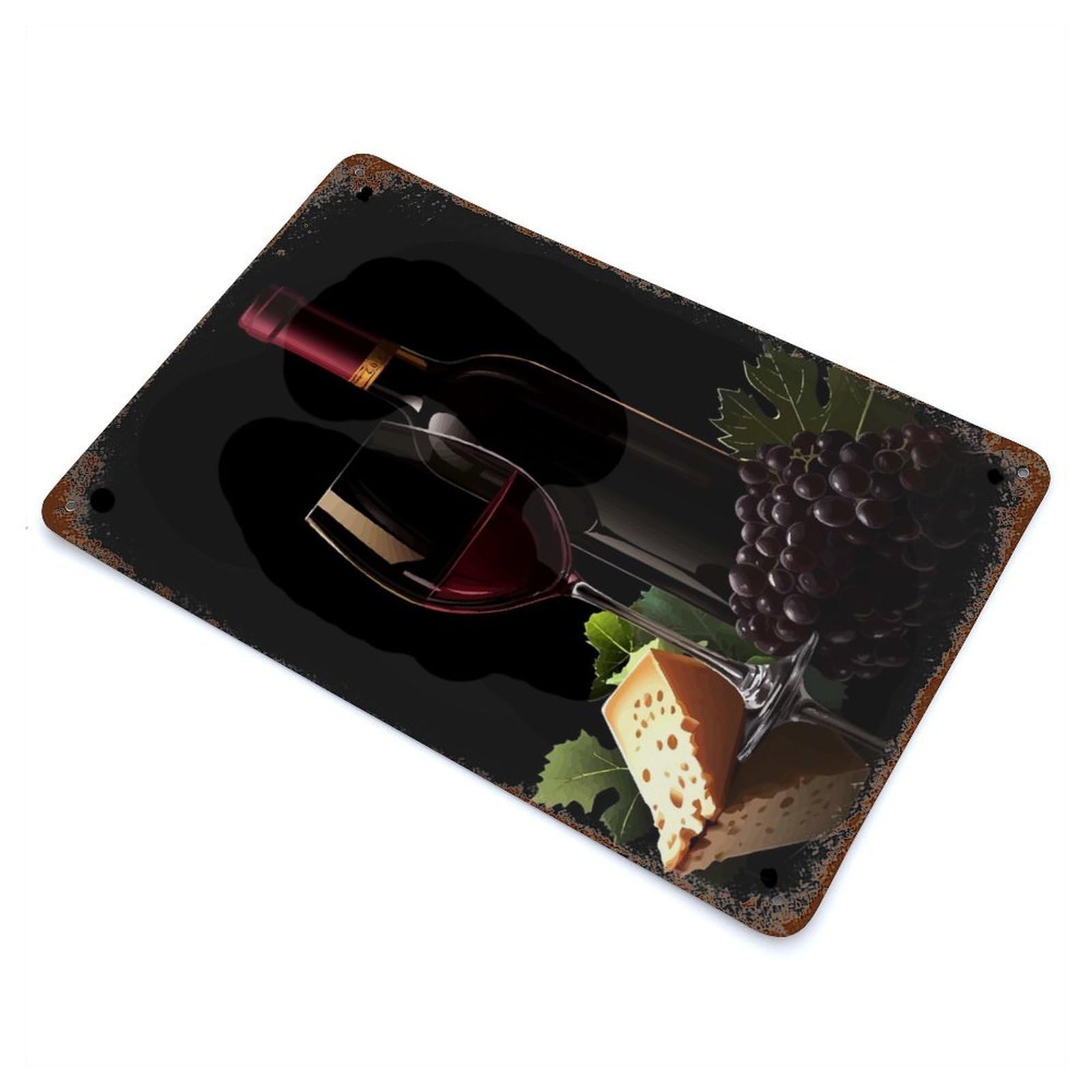 Rust Effect Wine, Cheese, And Grapes Weathered Tin Sign 11.8"x7.9", Retro Wall Decor for Garage, Bar And Workshop Decor