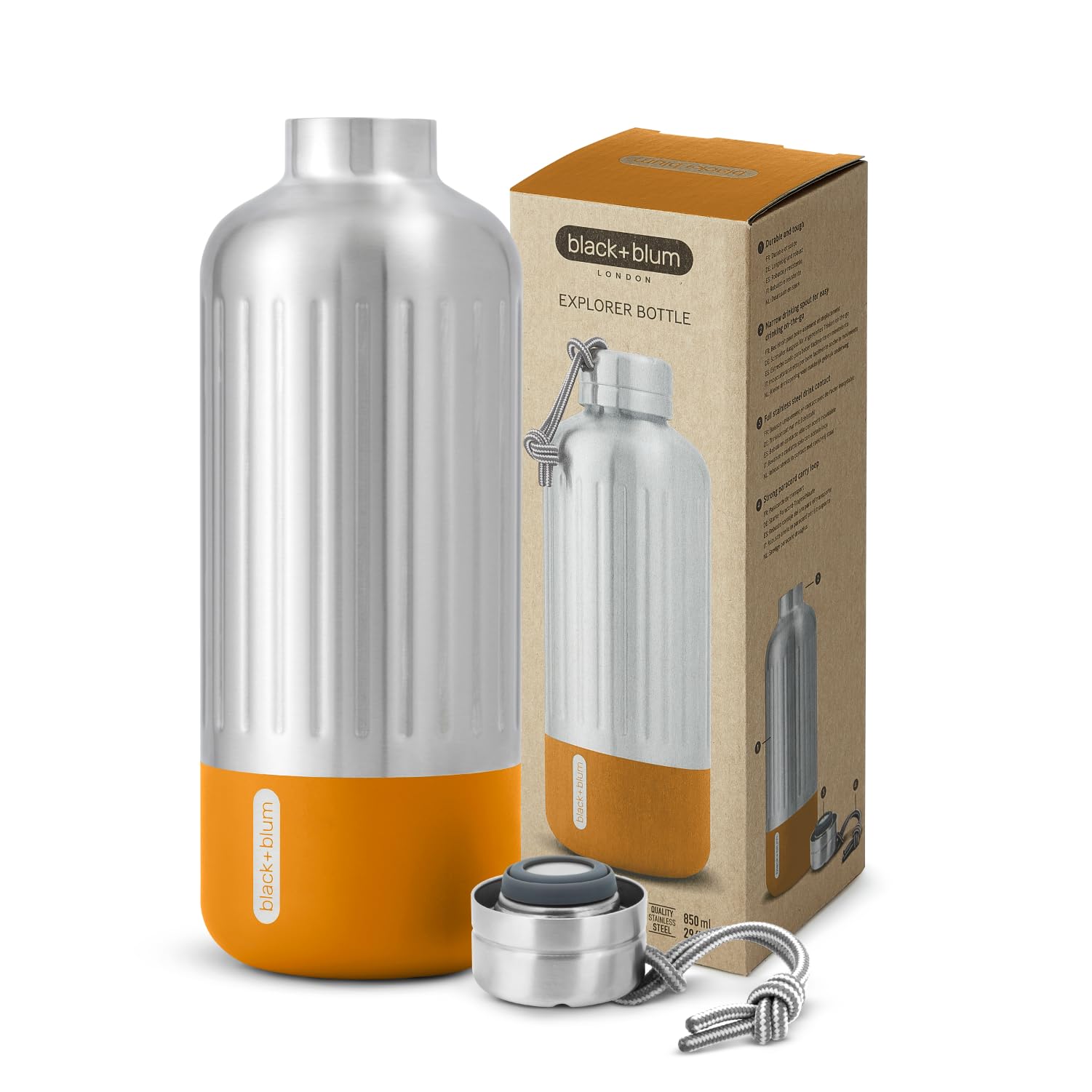 BLACK+BLUM Explorer Isolierflasche 850 ml Orange, Edelstahl Trinkflasche, vakuumisolierte Thermosflasche, 24h kalt & 12h heiß, 100% auslaufsicher, BPA-frei, Paracord-Trageschlaufe, Outdoor & Alltag | orange, weite Trinköffnung, für Eiswürfel geeignet, BPA
