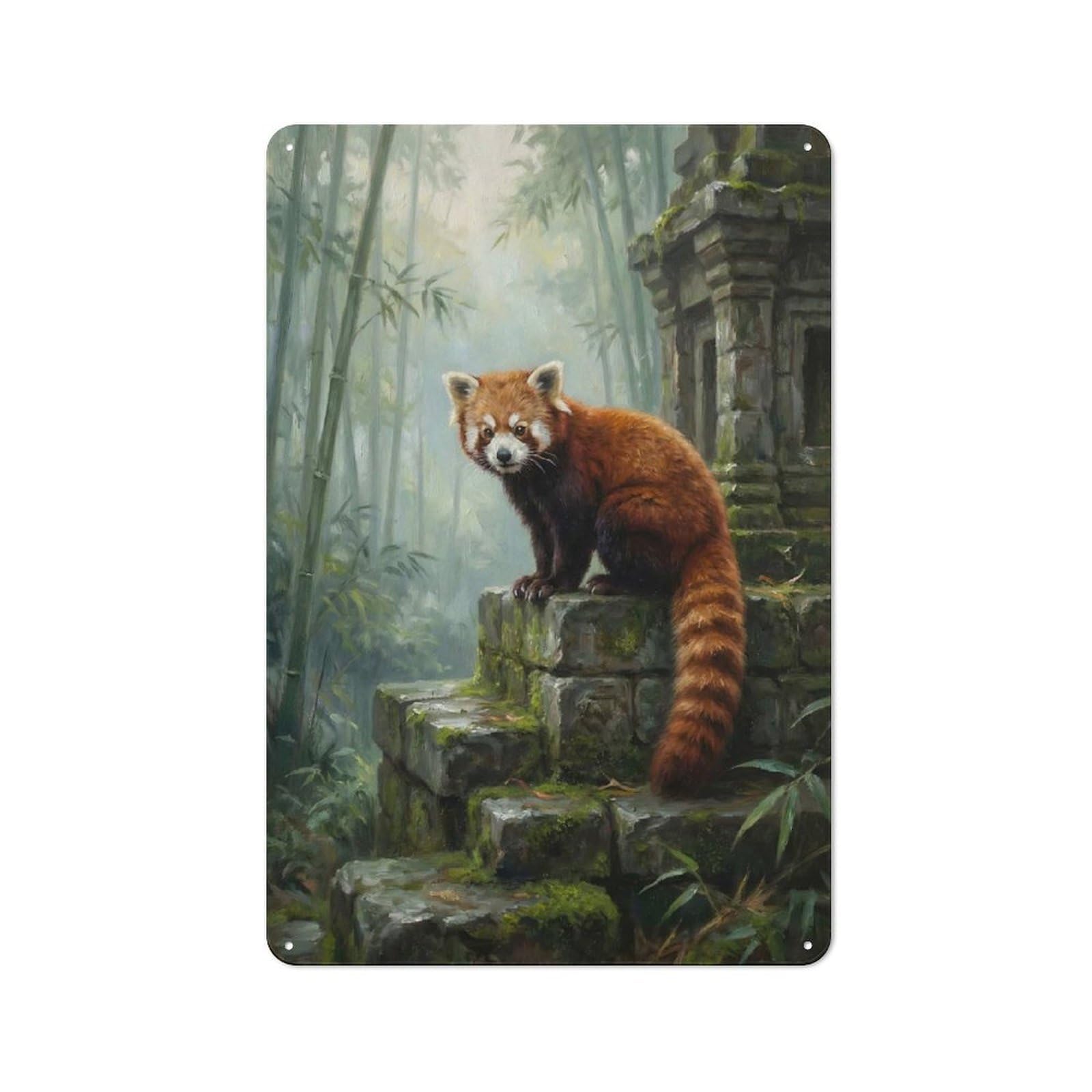 Junmoney Style-11 Red Panda On Ancient Stone Structure Tin Wall Plaque 30X20cm, Barn Style Rustic Kitchen Decor For Farmhouse Kitchen, Pantry Or Dining Area