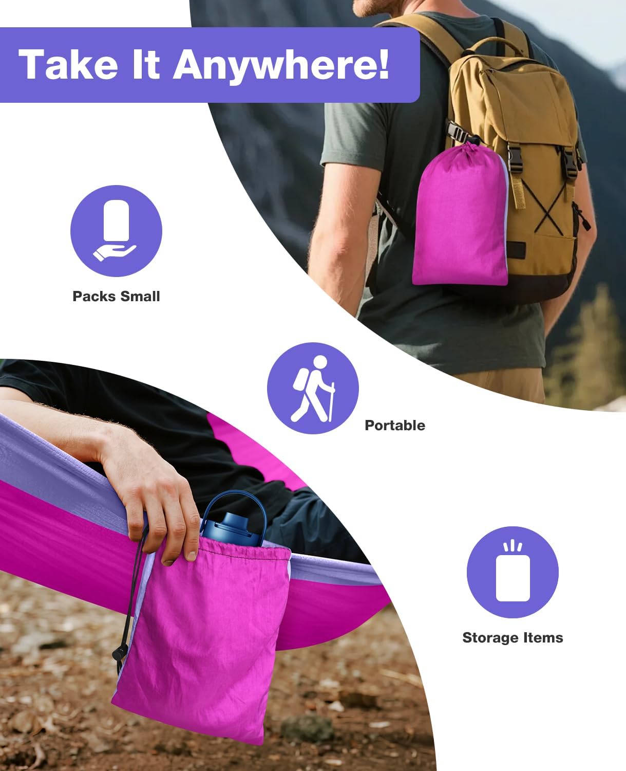 MOSFiATA Camping Hammock, Heavy Duty up to 700lbs with 2 Tree Straps and Attached Carry Bag Portable Outdoor Hammock for Backpacking Hiking Travel,Beach (Pink Purple)