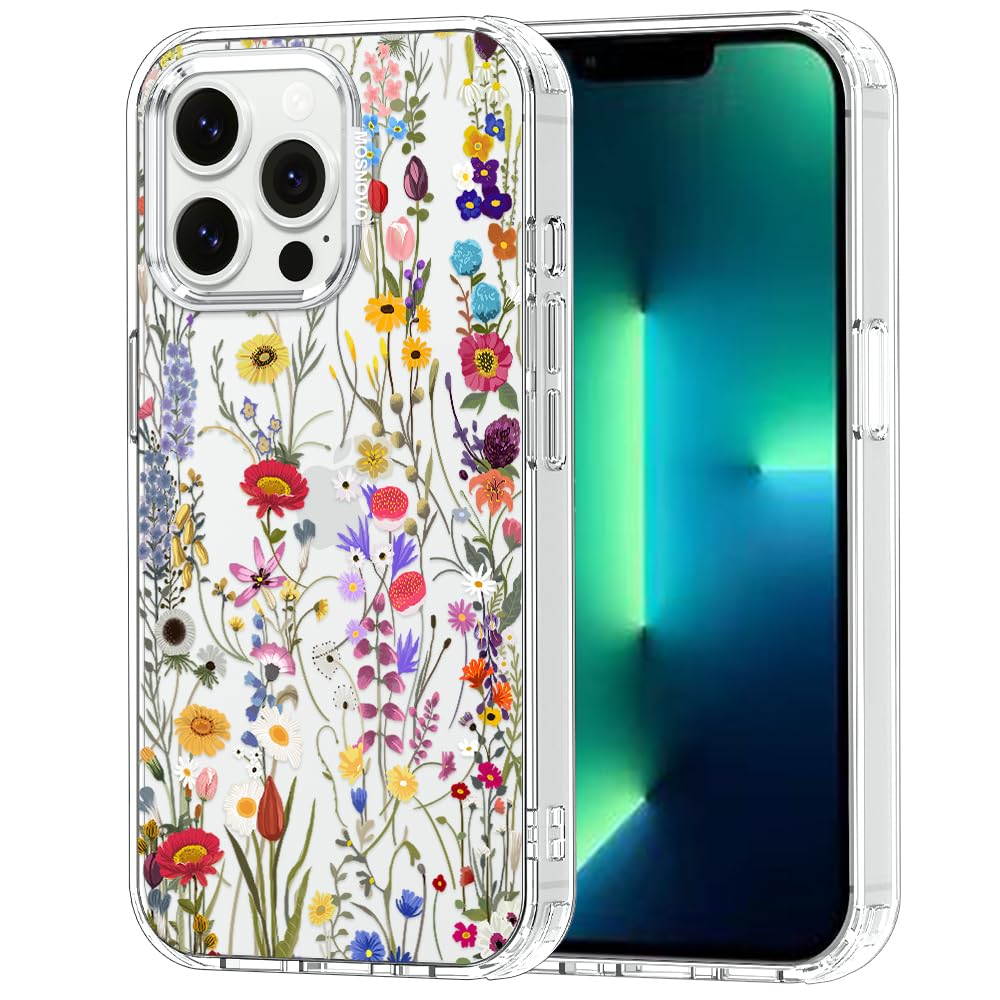 MOSNOVO Case for iPhone 13 Pro, [Buffertech 6.6ft Military-Grade Drop Protection] [Anti Peel Off Tech] Clear TPU Bumper Phone Case Cover Design - Wildflower Meadow