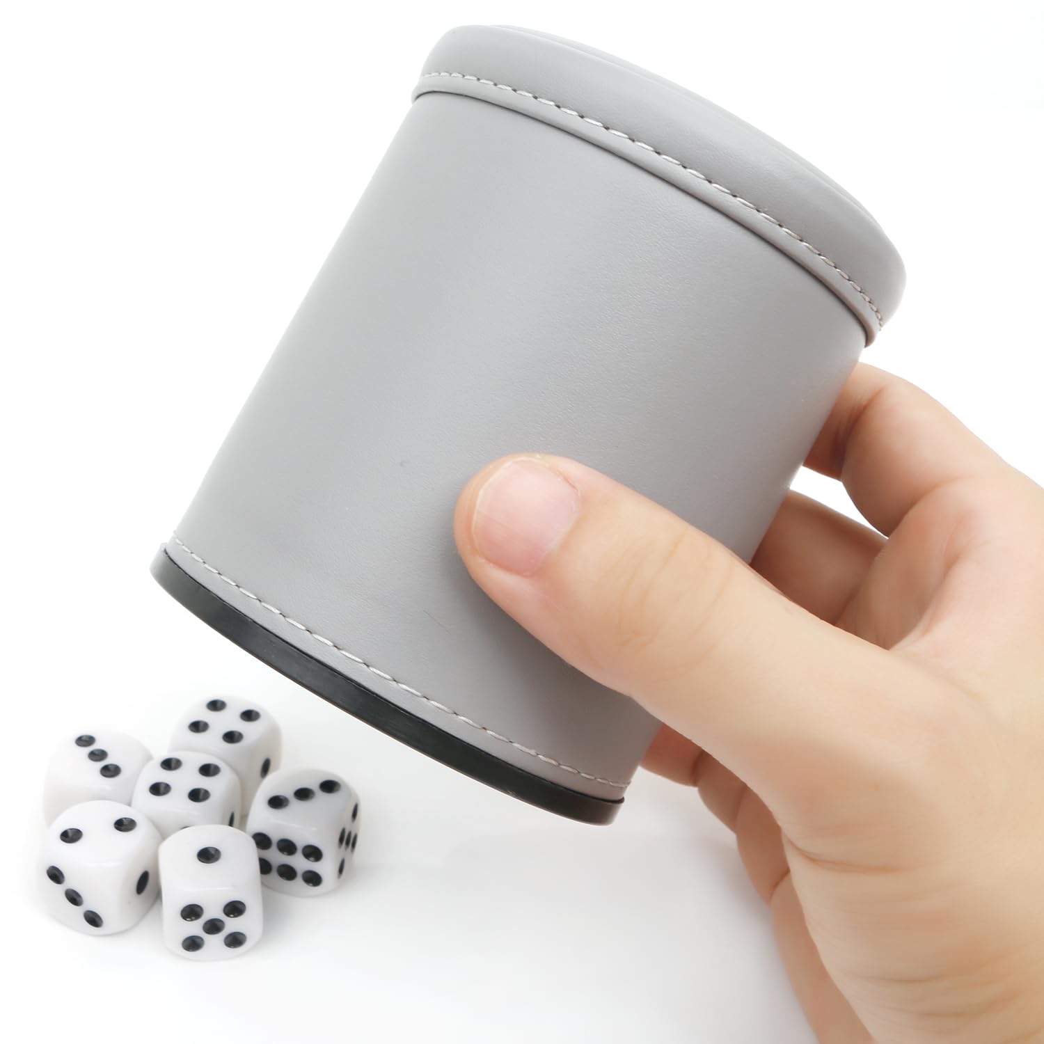 Professional - Juego de dados de piel sintética con forro de fieltro, juego de 6 dados de puntos para juego Yahtzee, Gris
