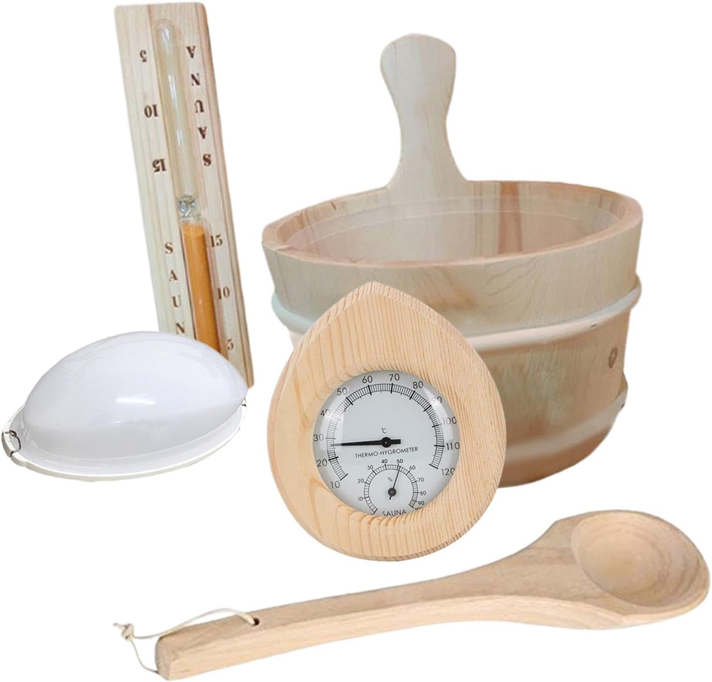 Sauna Accessories Set Sauna Wooden Bucket and Ladle Kit Steam Sauna Temperature and Humidity Meter for Bathroom Houses Shower