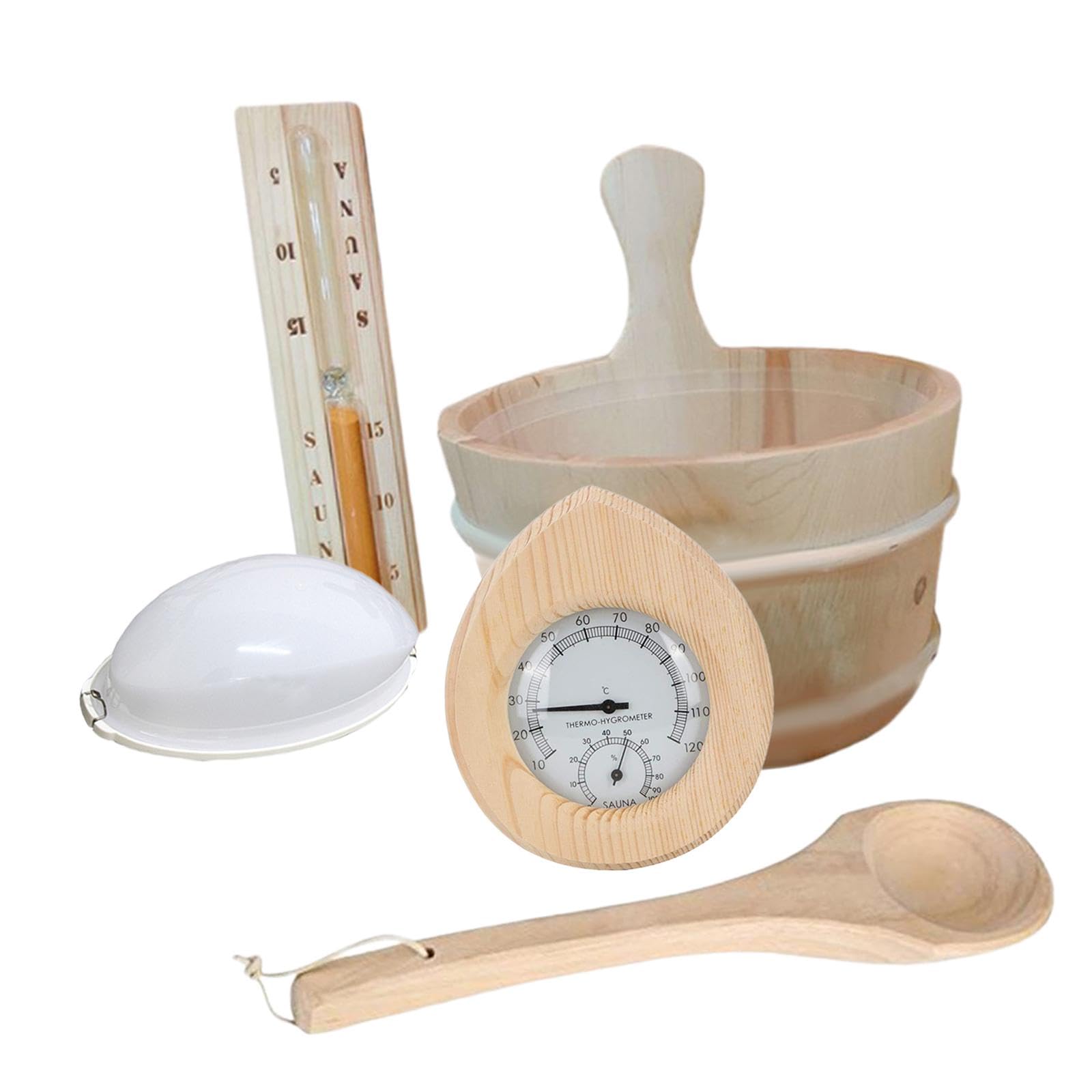 Sauna Accessories Set Sauna Wooden Bucket and Ladle Kit Steam Sauna Temperature and Humidity Meter for Bathroom Houses Shower