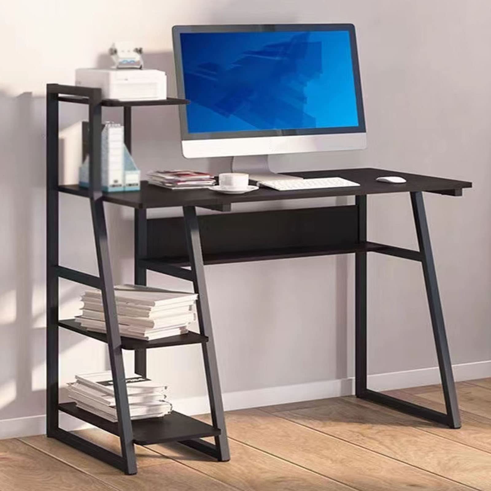 ASerZenith Desktop Computer Desk With 2 Tiers Storage Rack Writing Desk,Triangular Storage Structure Simple Writing Desk For Study Bedroom,Black