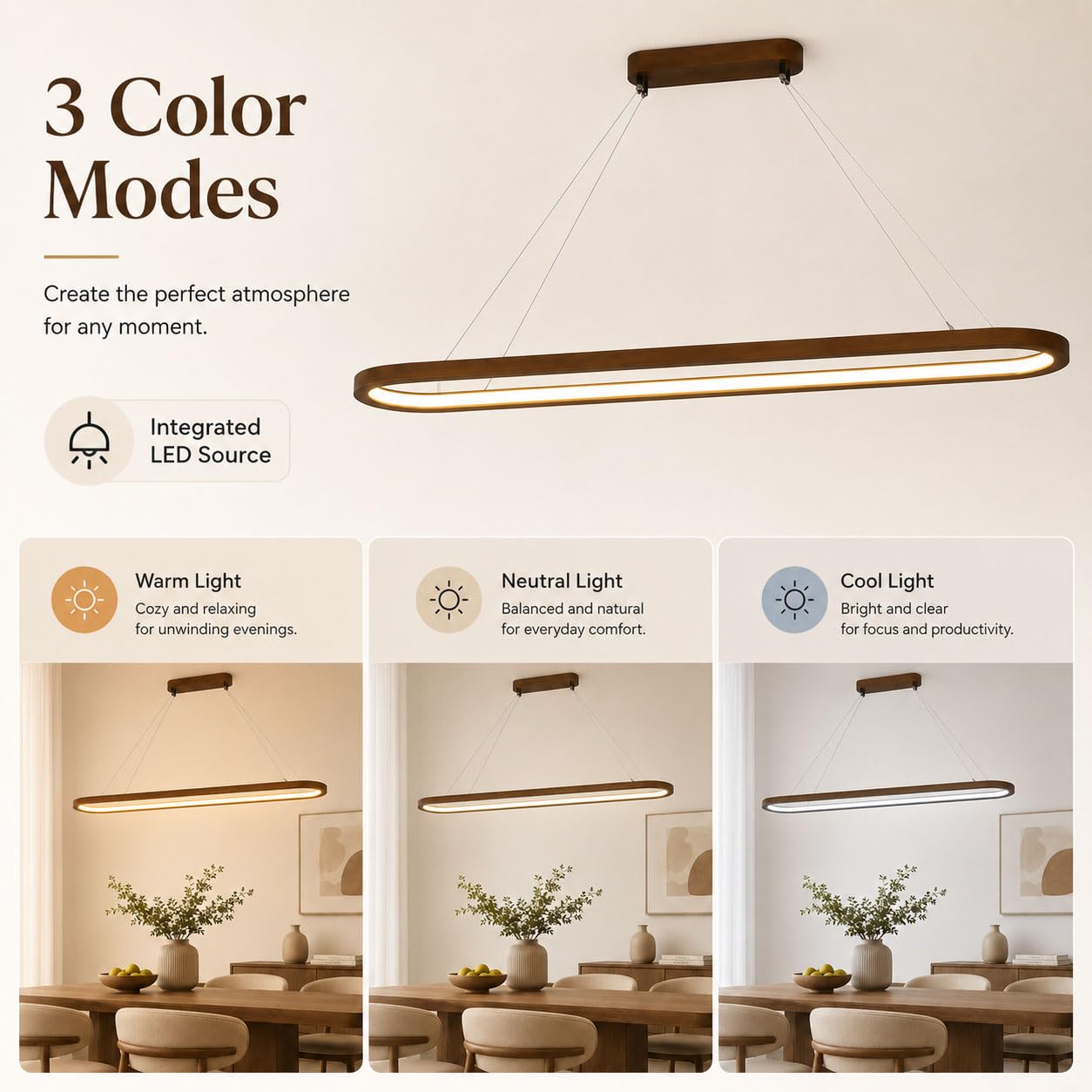 Lampada a Sospensione LED in Legno e Acrilico, Lampada Moderna Dimmerabile con Telecomando, 3000–6000 K, Altezza Regolabile Fino a 100 cm, per Cucina, Tavolo da Pranzo e Soggiorno,B,90cm
