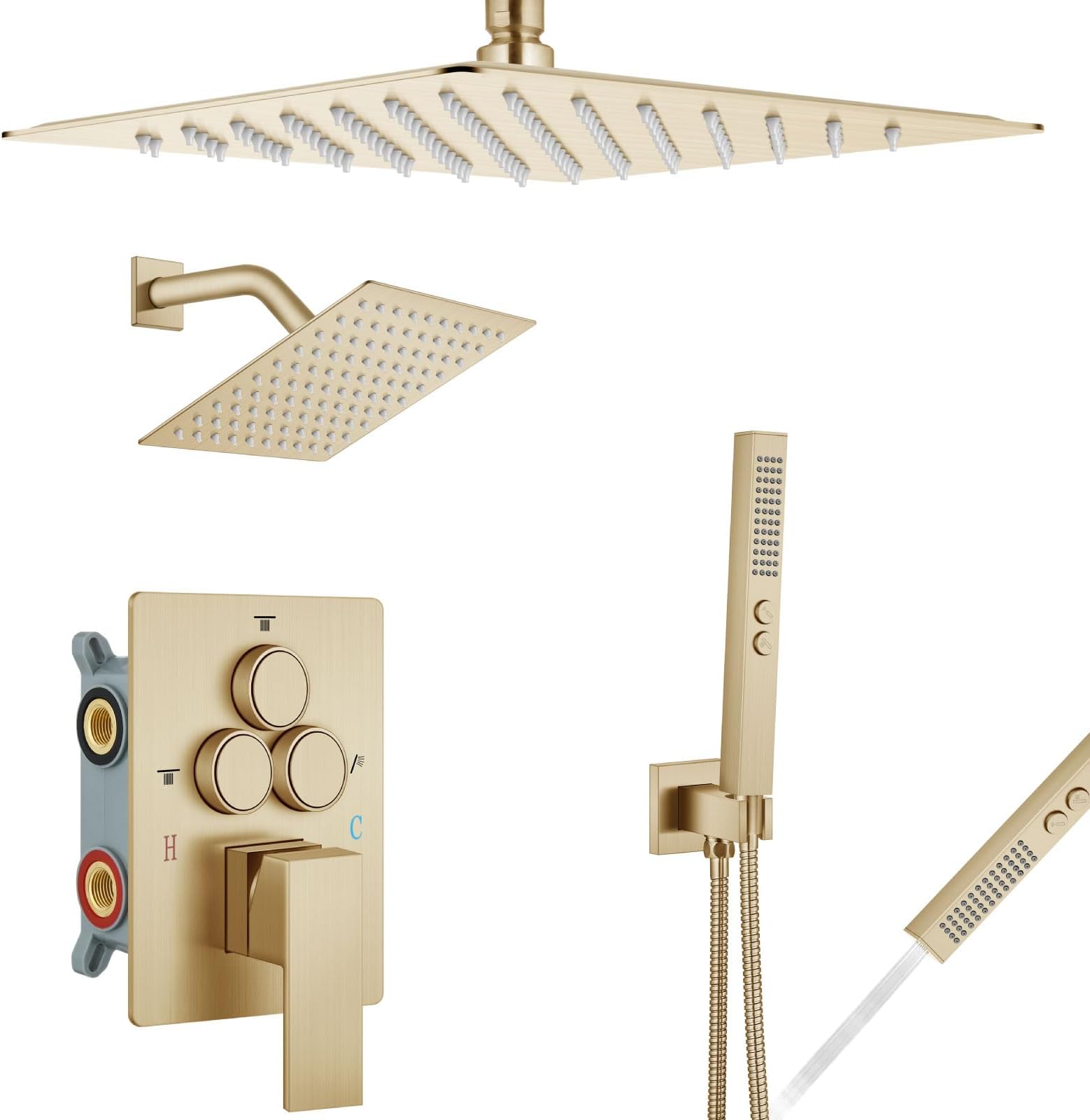 Aolemi Shower Faucet Set Ceiling Mount Shower System Rough-in Valve and Shower Trim Kit 12 and 6 Inch Dual Shower Head 2 in 1 Handheld Spray Push Button Diverter Brushed Gold