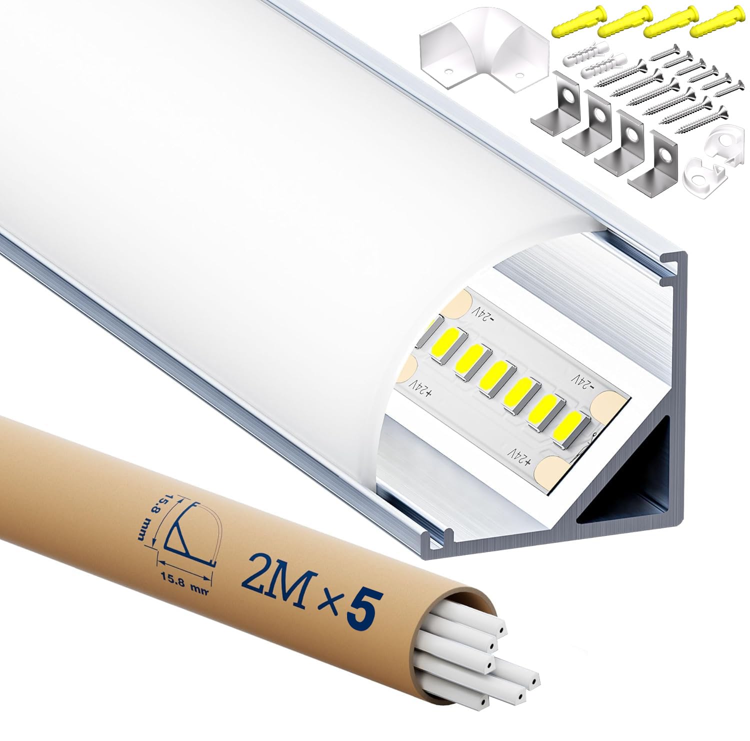 Profilo in alluminio a 90° per strisce LED, 2 m x 5 pezzi 10 m, dimensioni 15,8 mm x 15,8 mm, per strisce LED con una larghezza inferiore a 10 mm, con accessori di montaggio