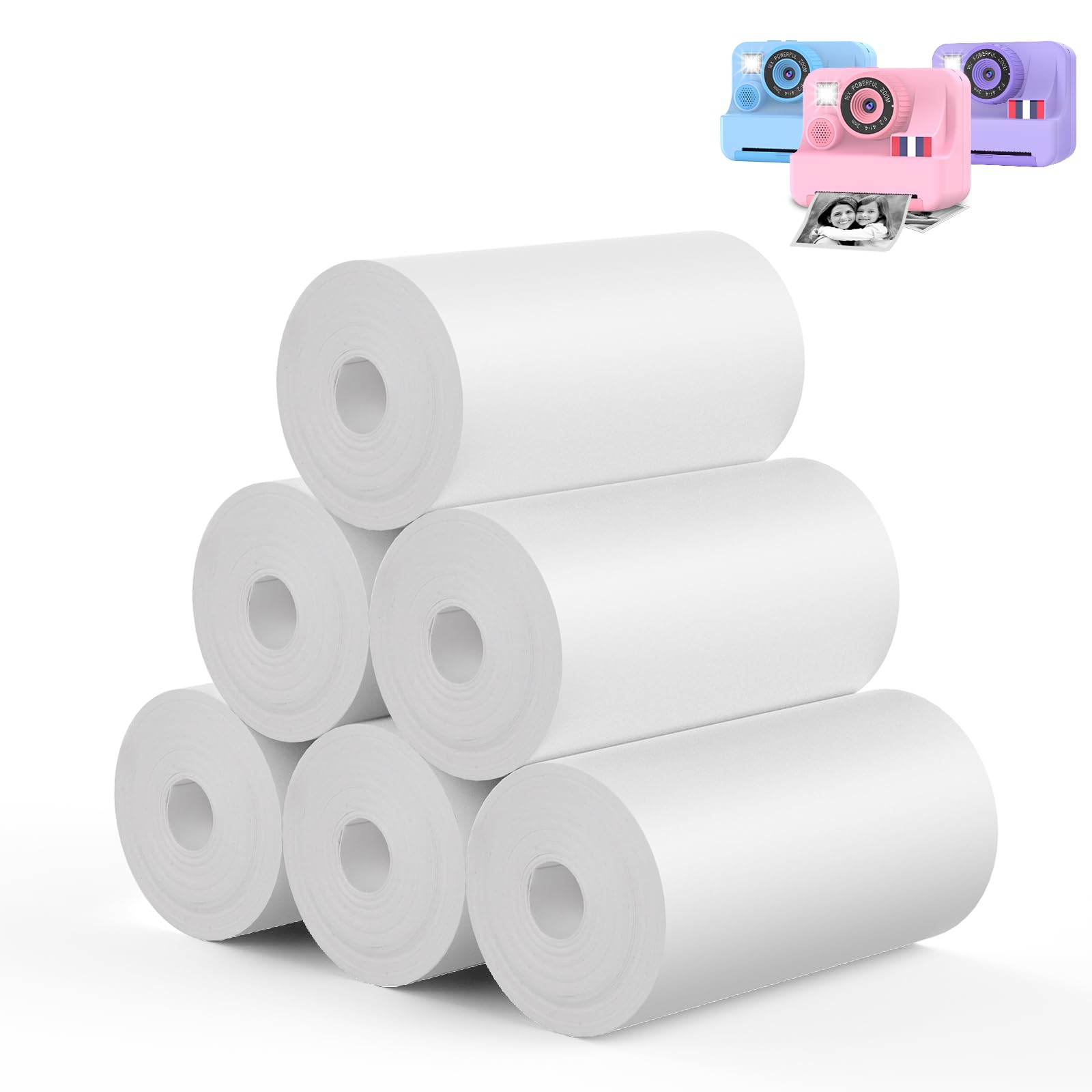 Yosfeng Kids Instant Print Camera Paper - 6 Rolls, 57x30mm Thermal Paper for DIY Drawing & Coloring - Compatible with Kids' Instant Cameras, Prints Up