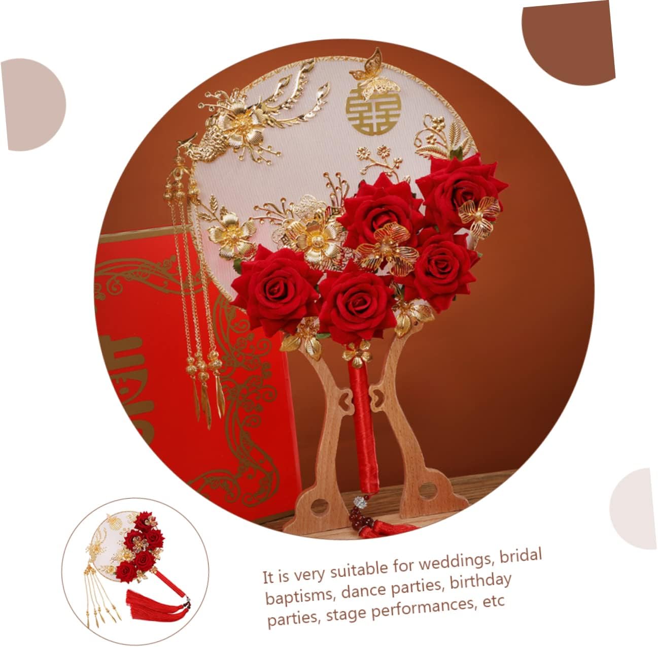 Chinese Style Bride Round Fan Vintage Luxury Handheld Fan for Weddings Dance Props and Home Decor Featuring Roses for Bridal Showers and Special Occasions