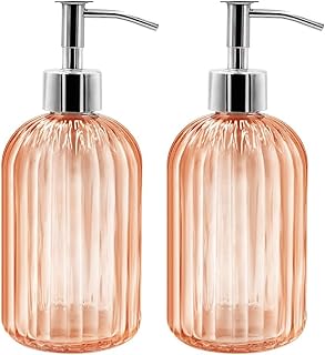 Lot de 2 Distributeur de Savon en Verre, 400 ML Distributeurs de Savon Liquide avec Pompe, Rechargeables Distributeurs de Lotion et de Savon pour Cuisine, Salle de Bain, Buanderie, Hôtel (Ambre)