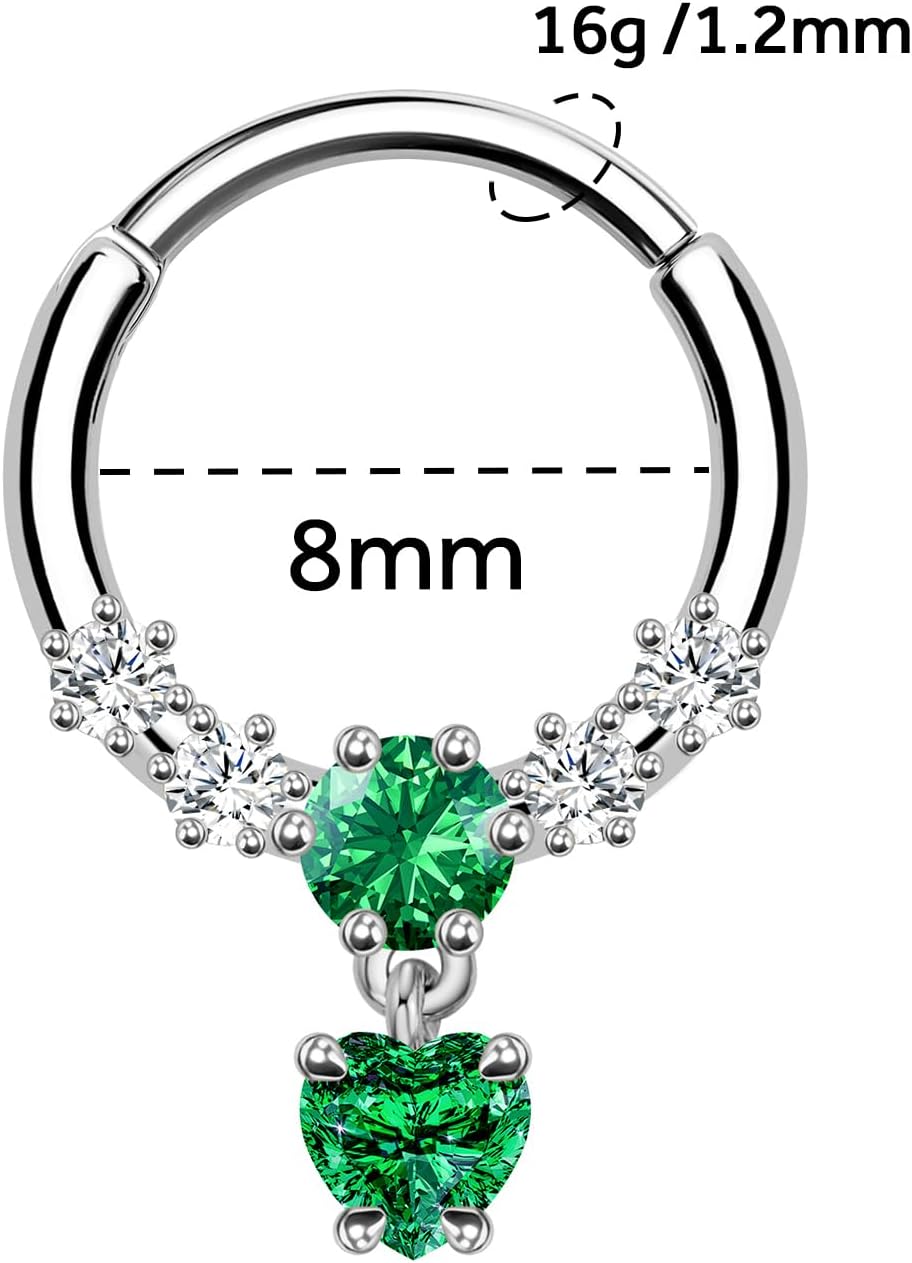 16G Clicker Nose Ring Hoop, Emerald Cubic Zirconia Gold Septum Ring, 316L Stainless Steel Cartilage Earrings, Tragus Daith Helix Piercing Jewelry for Women 8mm - Image 4
