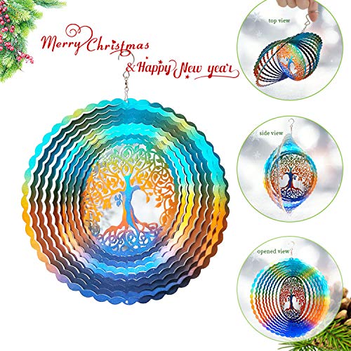 Image of Fonmy Stainless Steel Wind Spinner-3d, Laser Cut Hand Painted with Color Sparkling Powders, Indoor Outdoor Garden Decoration Crafts Ornaments,Multi Color Tree of Life Wind Spinner-12inch