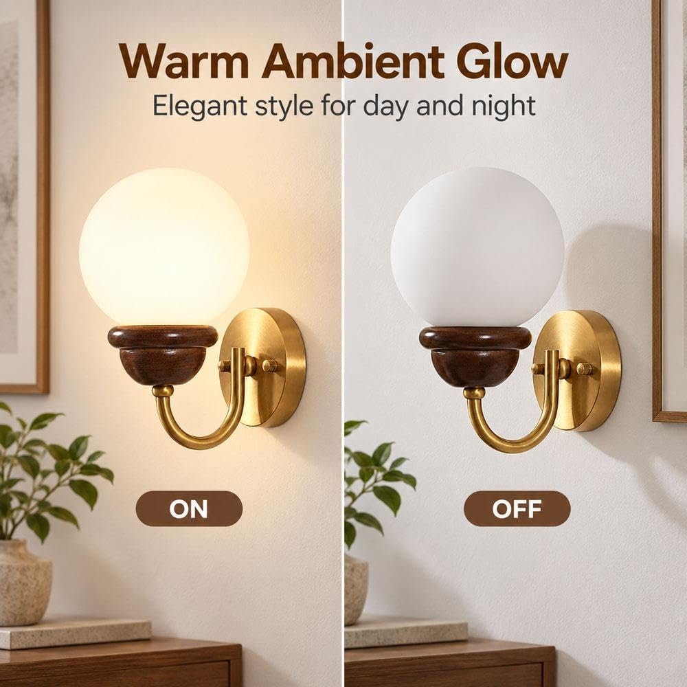 Jadssox Applique murale avec globe en verre opalin luminaire mural bois