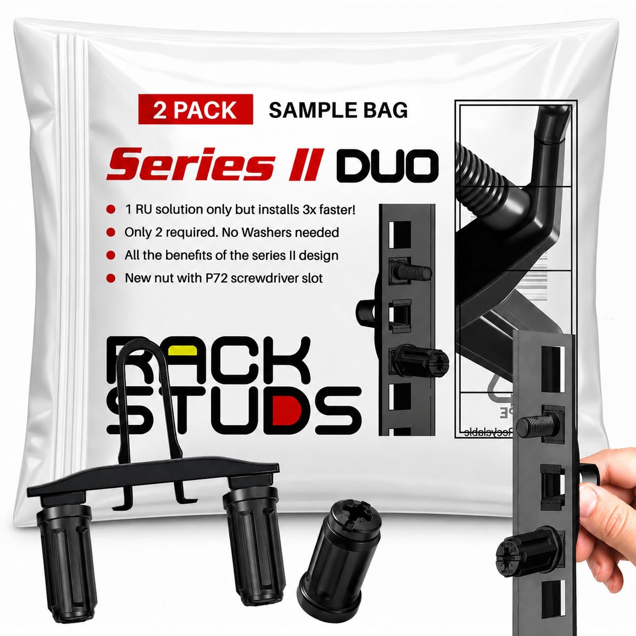 DUO2 1RU Series II Rack Mount Solution - Effortless Alternative to Traditional Rack Screws and Cage Nuts &amp; Server Rack Screws Ideal for Server Hardware Setup - 2-Pack, Universal Version