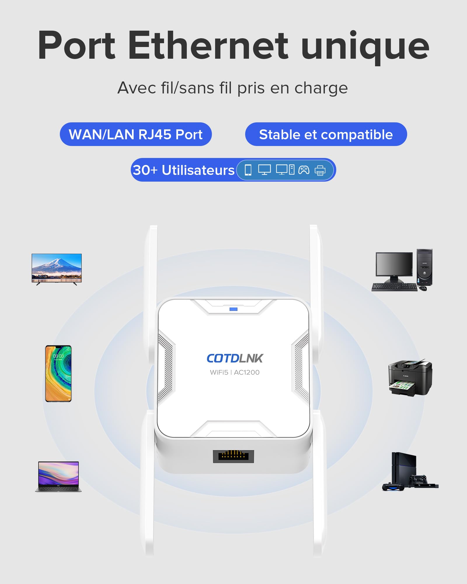2026 COTDLNK Répéteur WiFi Puissant 1200Mbps Amplificateur WiFi avec PA intégré 5 GHz et 2,4 GHz Double Bande, Jusqu’à 280㎡ de Couverture WiFi, Configuration Facile