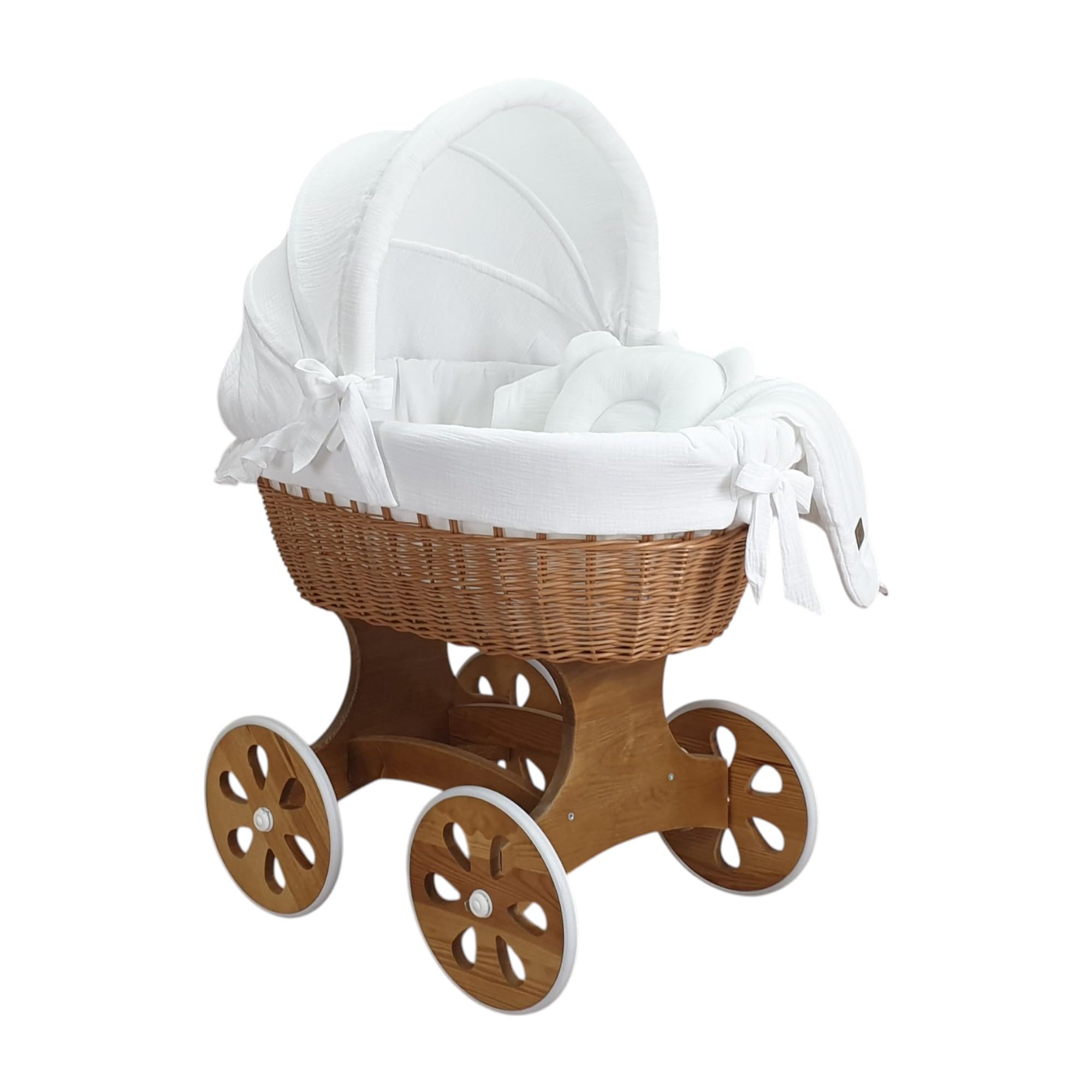 Wiklinopol Stubenwagen, Moseskorb Baby mit Gestell Annabell – Bollerwagen mit Rollen aus Naturweide – inkl. Matratze & 5-TLG. Weiß Musselin-Bettwäsche – Korb: Natur