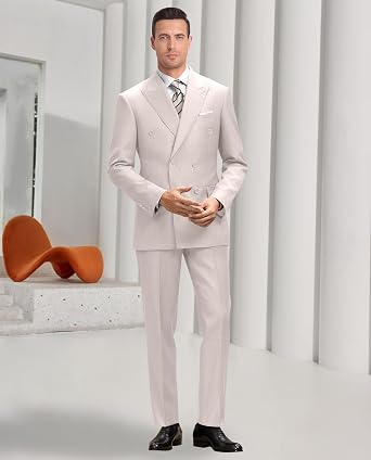 Mens Double Breasted Suit Slim Fit Solid Suit Jacket and Dress Pants 2 Piece Set Prom Wedding Suits for Men