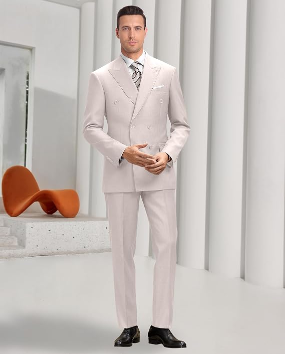 Mens Double Breasted Suit Slim Fit Solid Suit Jacket and Dress Pants 2 Piece Set Prom Wedding Suits for Men
