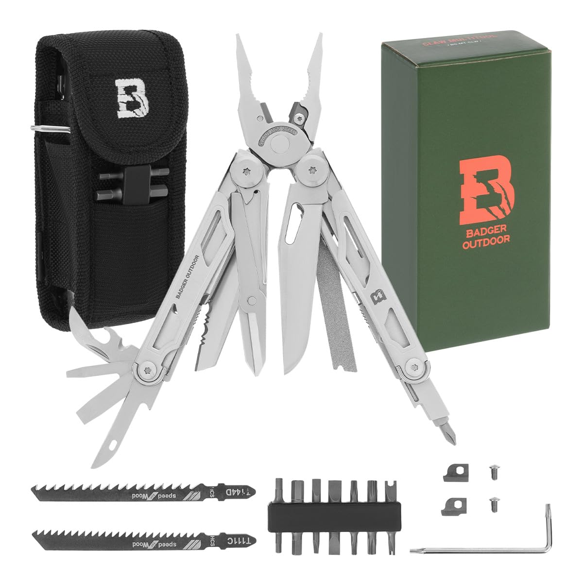 Badger Outdoor Claw Multitool 20 in 1, Edelstahl 420, zwei 7Cr17-Klingen, Kombizange, Schere, Feile, kompatibel mit T144D/T111C Sägeblättern, Bit-Aufnahme, Nylonholster und Clip, vielseitiges EDC